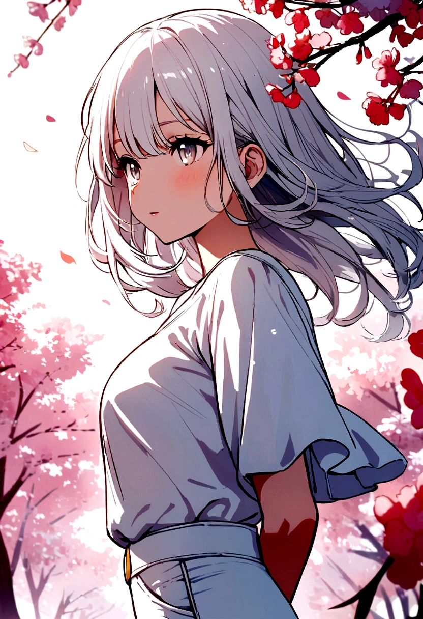 anime girl, bright, white hair, white eyes, white shirt, white jeans, sitting at a table with a computer on it,