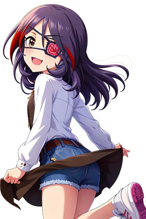 2D, anime, anime coloring, (solid white background:1.3) Hayasaka Mirei, purple hair, multicolored hair, fang, brown eyes, short hair, eyepatch, cowboy shot, full body, stand, idle, open mouth, smile, white shirt, long sleeves, denim shorts, shorts rolled, belt, white sneaker shoe, Close, from back