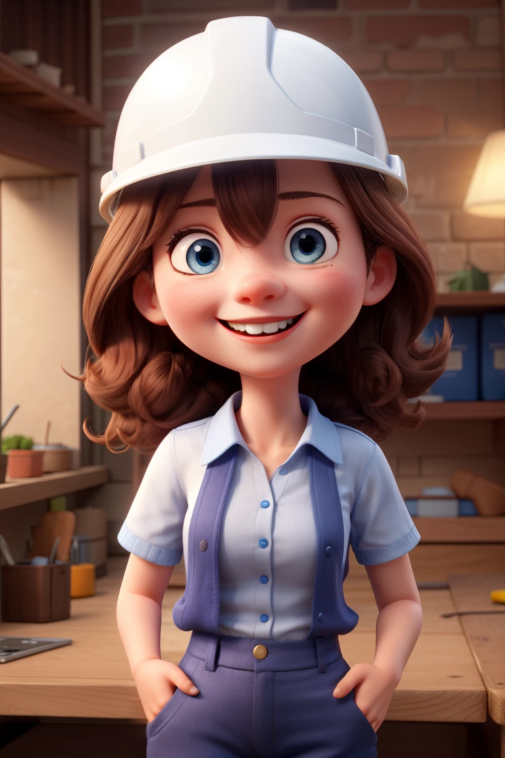 female doll, dark brown hair, blue-eyed, wearing the clothes of a work safety technician, white work safety helmet, and happy smiling