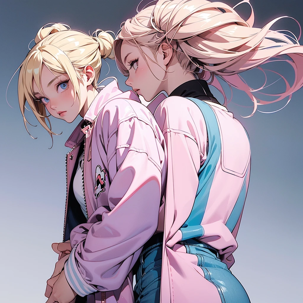 girl similar to gorillaz noodle, blonde hair tied up ((drawing)), ((anime girl nose)), stylish girl in profile view, wearing a fluffy pink jacket over tight iridescent pants and pink high-top skates. Include details like reflective qualities on the pants, imitating shiny fabric,