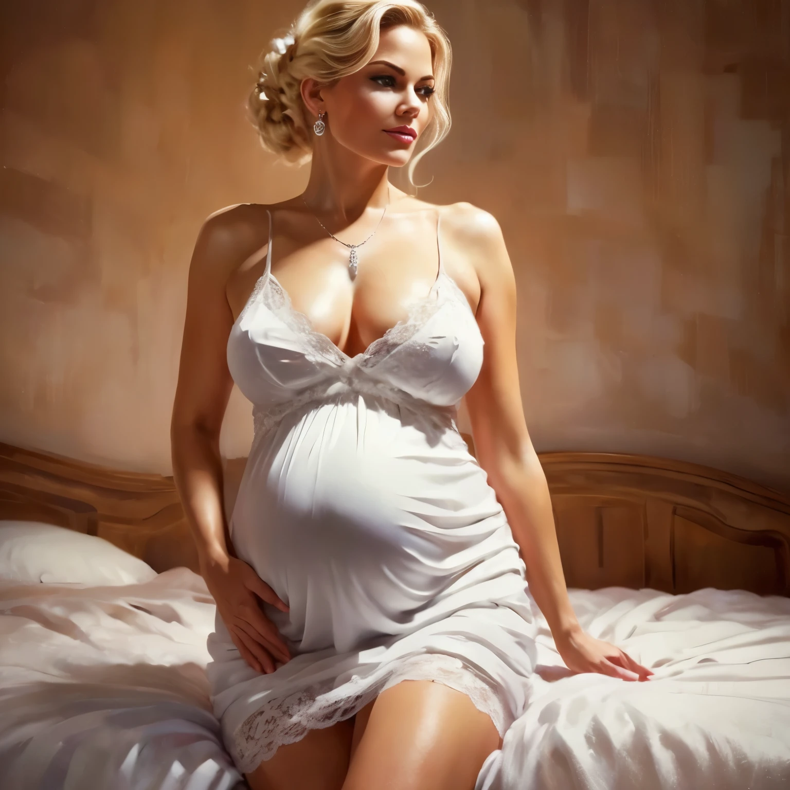 nsfw, photorealistic, beautiful face, (masterpiece:1.4), (best quality:1.4), extremely detailed, hyper-detailed, soft lighting 38 years old beautiful 8 month pregnant blonde 1950's pinup woman in her late thirties standing in a bed room, 8 month pregnant, dressed only in a very short very transparent lace night gown, sideboob, no naked breasts, white pearl necklace and white pearl earrings, lace stockings, perfect body, busty, perfect legs, intricate details, masterpiece, bestquality, uhd, 8k, ((plain backgound:1.3)), shaved pubic area, big breasts, hanging breasts, heavily sagging breasts, brown big erected hard nipples, short blonde hairbun with a bow in hair, shaved pubic area, (perfect_face), intricate, 4k, detailed_background, full_body, realistic, 8k, sexy, side view, she looking over her shoulder, very bashful smile, very shameful facial expression, have to pee, hand between legs, leaning forward