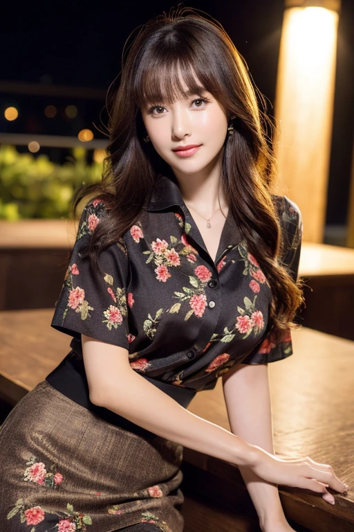(8K, Highest quality, Ultra-high resolution、masterpiece、Raw photo)、Portrait, Ultra high resolution raw color photos, Professional photos、(Realistic, Real photo),(1 person)、(Delicate face、Detailed face and eyes、High definition eyes、double eyelid、Glossy lips)、Beautiful woman with perfect body、Full body image, Glowing Skin、Dark brown hair、Large Breasts、Sharp long legs、(Happy expression)、(Collared shirt)、(Floral midi skirt:1.3)、(silk pantyhose)、High heels、Sitting pose, High-definition skin texture、Night in the background、Wind、Starry Sky、moon、((Perfect body、Perfect Anatomy、Anatomically correct))