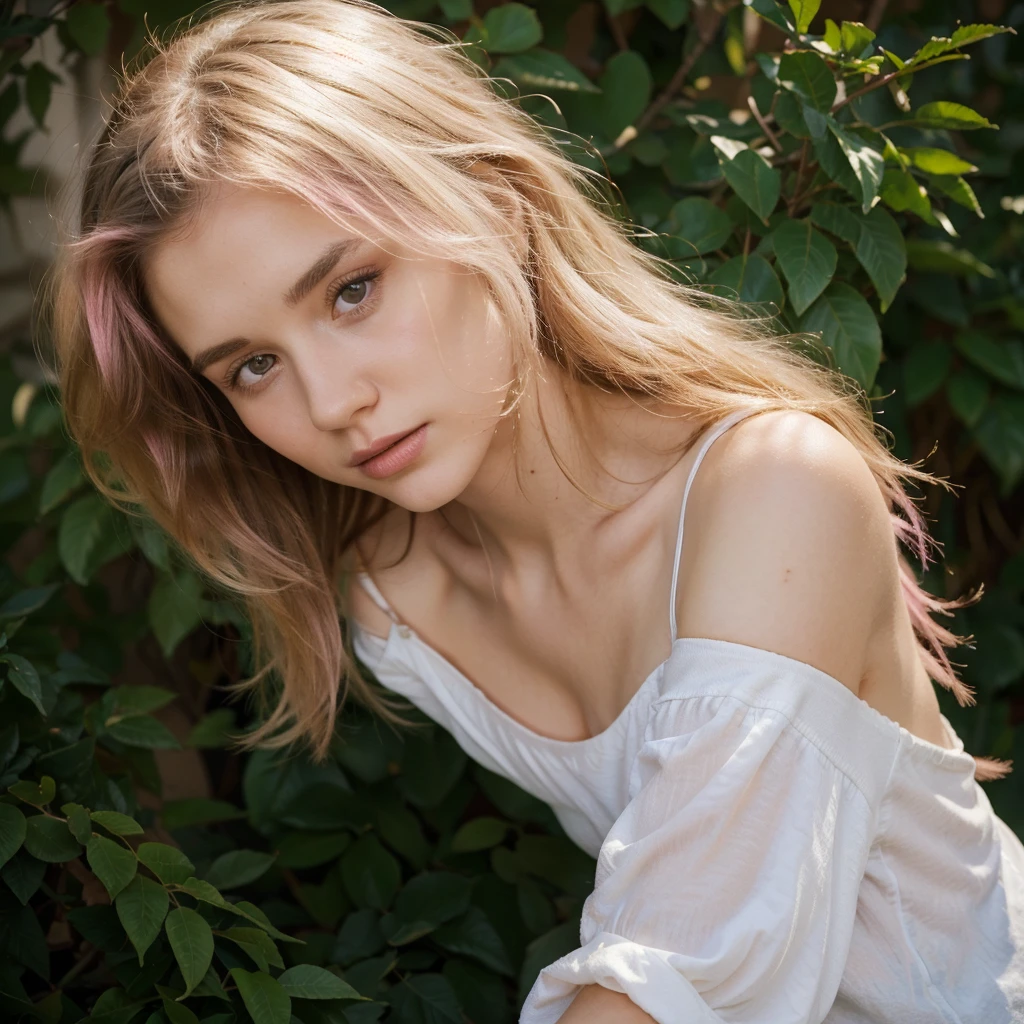 25-year-old Caucasian French girl with shoulder-length messy hair pink,  Captured in the best quality, this illustration serves as a 4K wallpaper, white top