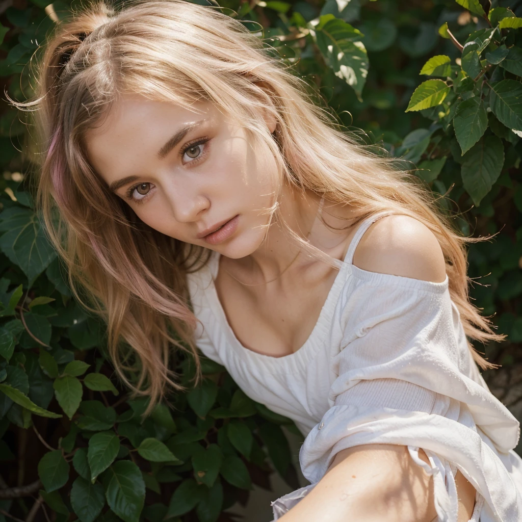 25-year-old Caucasian French girl with shoulder-length messy hair pink, Captured in the best quality, this illustration serves as a 4K wallpaper, white top