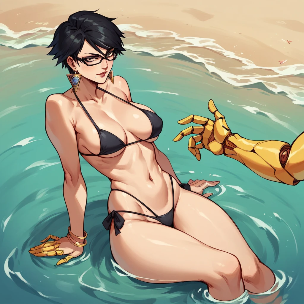 tall beautyfull woman, bayonetta shape, golden robotic hands, short hair, golden earring, black bikini, golden bracelet, sit in water, in beach, slender body, natural body,