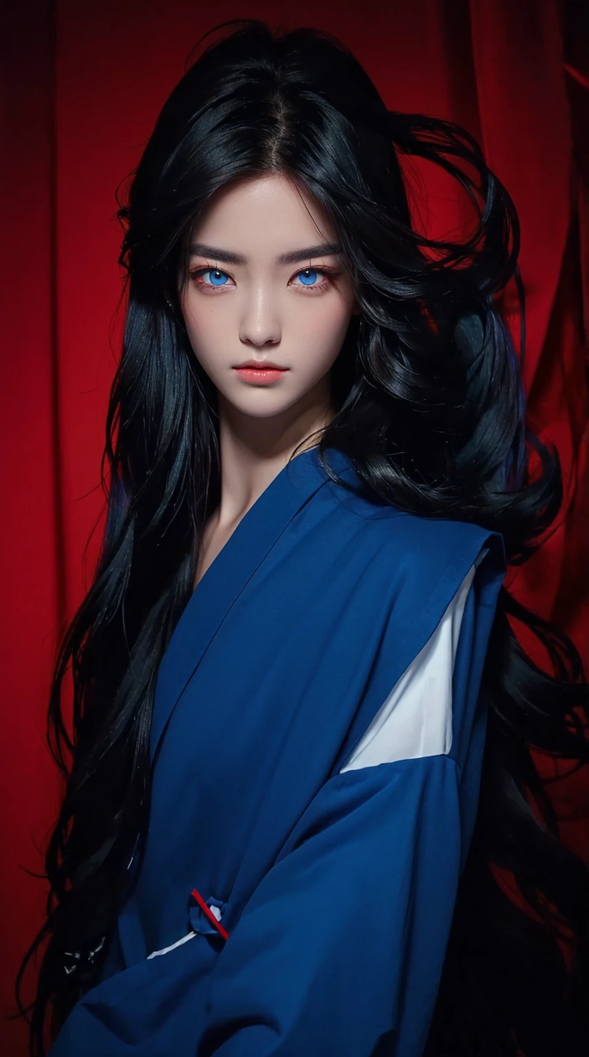 blue long hair, red eyes