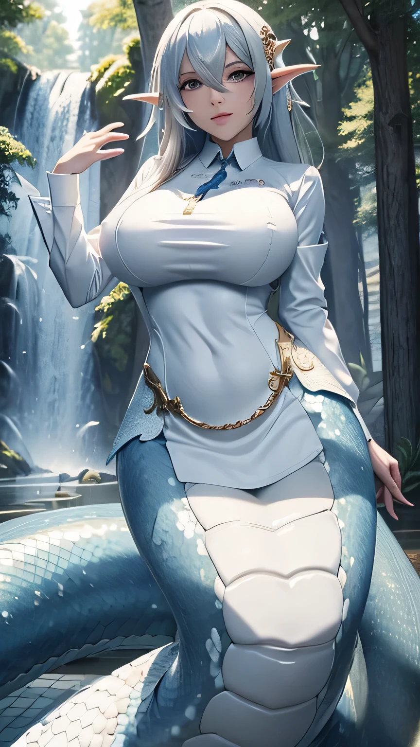 masterpiece, best quality, 1girl, (lamia:1.1), scales, white shirt, full body, outdoors, fantasy, solo, monster girl, 