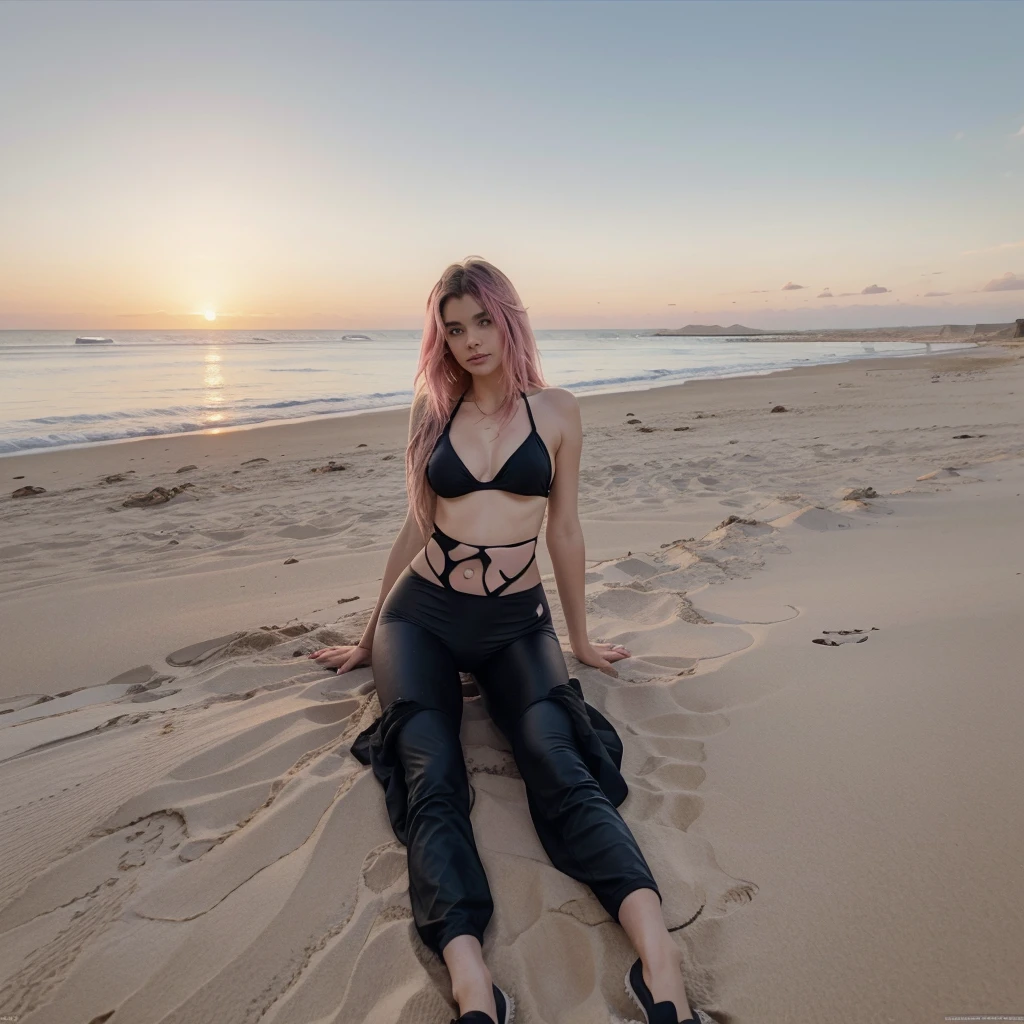 25-year-old Caucasian French girl with shoulder-length messy hair pink,  Captured in the best quality, this illustration serves as a 4K wallpaper, black bikini, black leggins