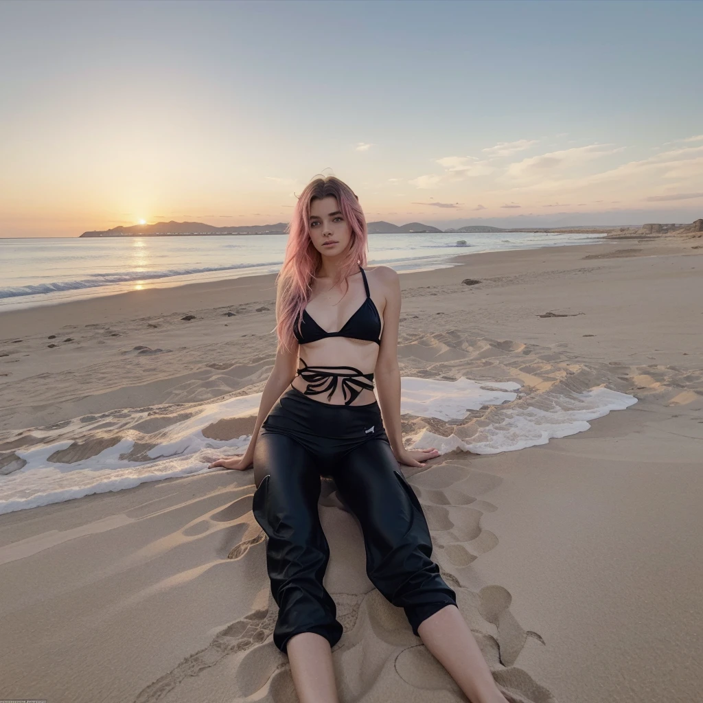 25-year-old Caucasian French girl with shoulder-length messy hair pink, Captured in the best quality, this illustration serves as a 4K wallpaper, black bikini, black leggins