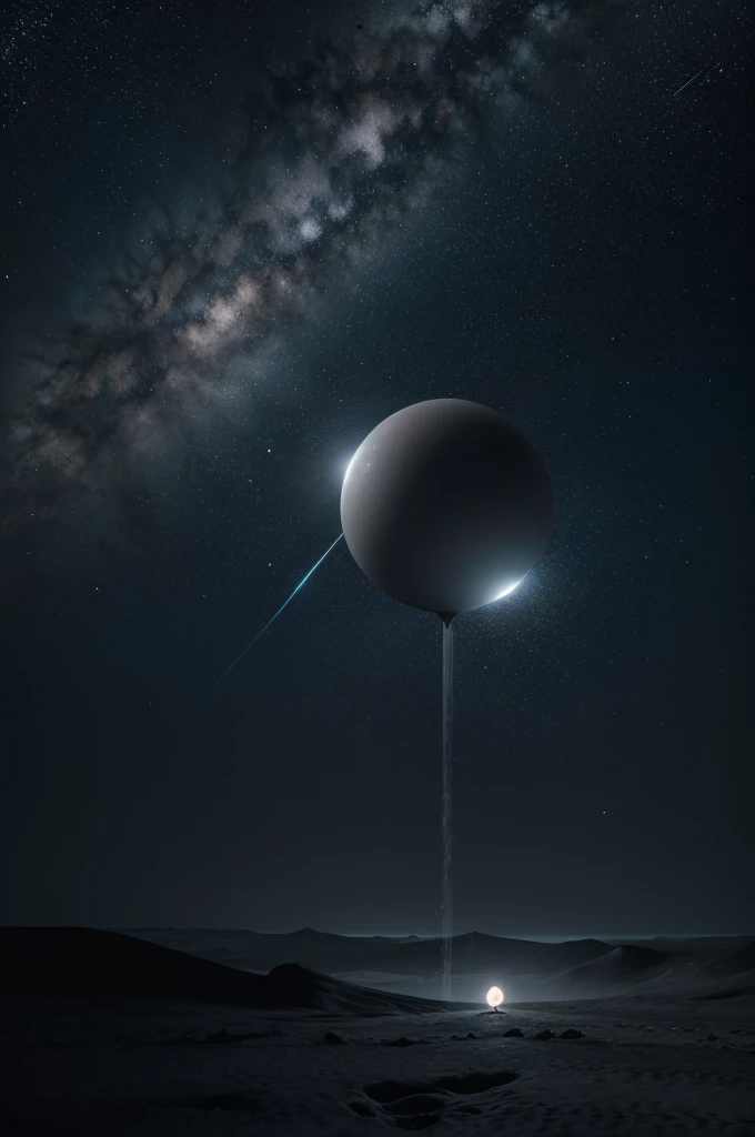Create an ultra-realistic abstract art piece that evokes the feeling of solitude and emptiness, set in the vastness of a cosmic void. The composition should be minimalist, using a limited color palette to emphasize the starkness and isolation. Predominantly use shades of deep black, dark blues, and subtle hints of white and gray to represent the void and distant stars.
Incorporate a single, small, dimly glowing silver sphere to signify the solitary presence in the immense emptiness. This sphere should be placed off-center to convey a sense of disconnection and loneliness.
The background should be a gradient of dark colors, transitioning smoothly from black to dark blue, with scattered tiny white dots representing distant stars. Avoid large galaxy formations or nebulae; the focus should be on the emptiness and the feeling of being lost in an endless void.
Use light and shadow to create depth, making the space feel infinite and overwhelming. The overall atmosphere should be cold and desolate, capturing the essence of solitude in the vast expanse of space.
Ensure the overall quality is photorealistic, capturing every intricate detail of the small glowing sphere and the expansive, empty space around it.