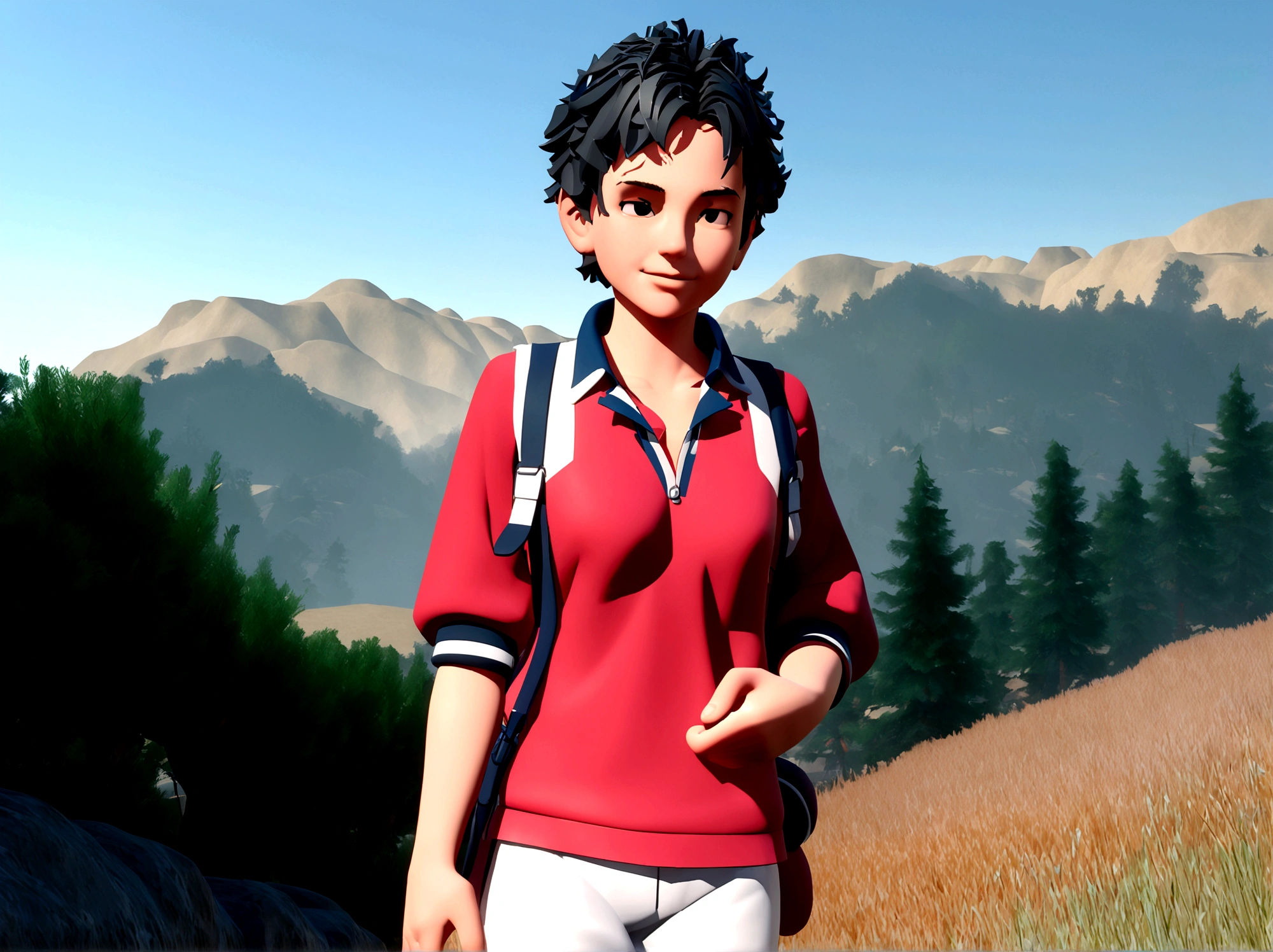 Cartoon character of a young man without glasses and red shirt with polo collar, and a pair of white pants, animation character, stylized character, animation style rendering, 3d stylized, Arnold Maya rendering, Stylized 3D rendering, toon render screenshot, 3d character, 3d character, Stylized 3D rendering, 3D character rendering, cartoon character, Personagem de close up, character posing,  (Pixar-style) (master part:1.2) (bokeh) (best qualityer) (skin detailed) (detailed texture) (8K) (Argilla) (cinematic lighting) (sharp focus