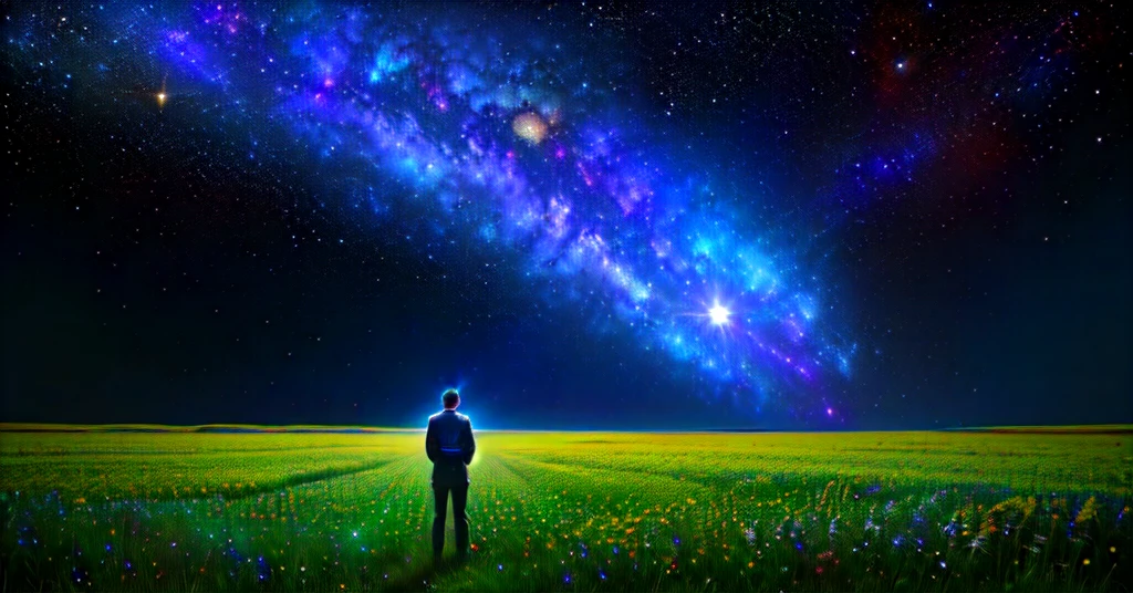 painting of a boy standing on the grass with a bright light in the background, looking out into the cosmos, in a cosmic field, strange portrait with galaxy, in the field of internal hyperspace, Holographic projection, Nascimento do Universo, video still, in the universe, consciousness projection, on a galaxy-looking background, standing in outer space, holding a galaxy