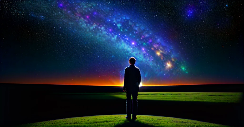 painting of a boy standing on the grass with a bright light in the background, looking out into the cosmos, in a cosmic field, strange portrait with galaxy, in the field of internal hyperspace, Holographic projection, Nascimento do Universo, video still, in the universe, consciousness projection, on a galaxy-looking background, standing in outer space, holding a galaxy