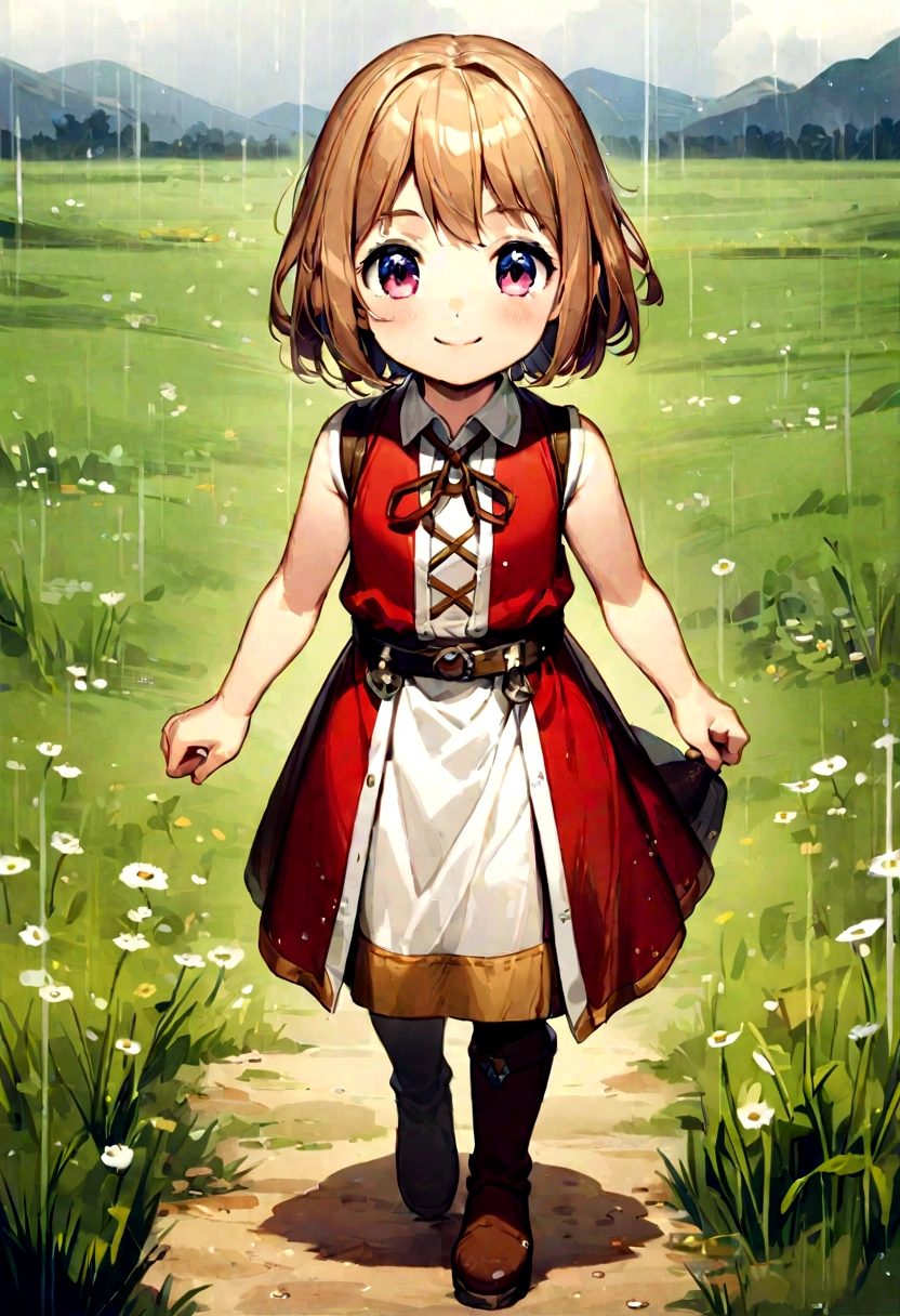 8 year old girl, western clothes、doress、Sleeveless、A smile、Eye Color Contacts、accessorized、full body Esbian、Walking、raining 、meadow