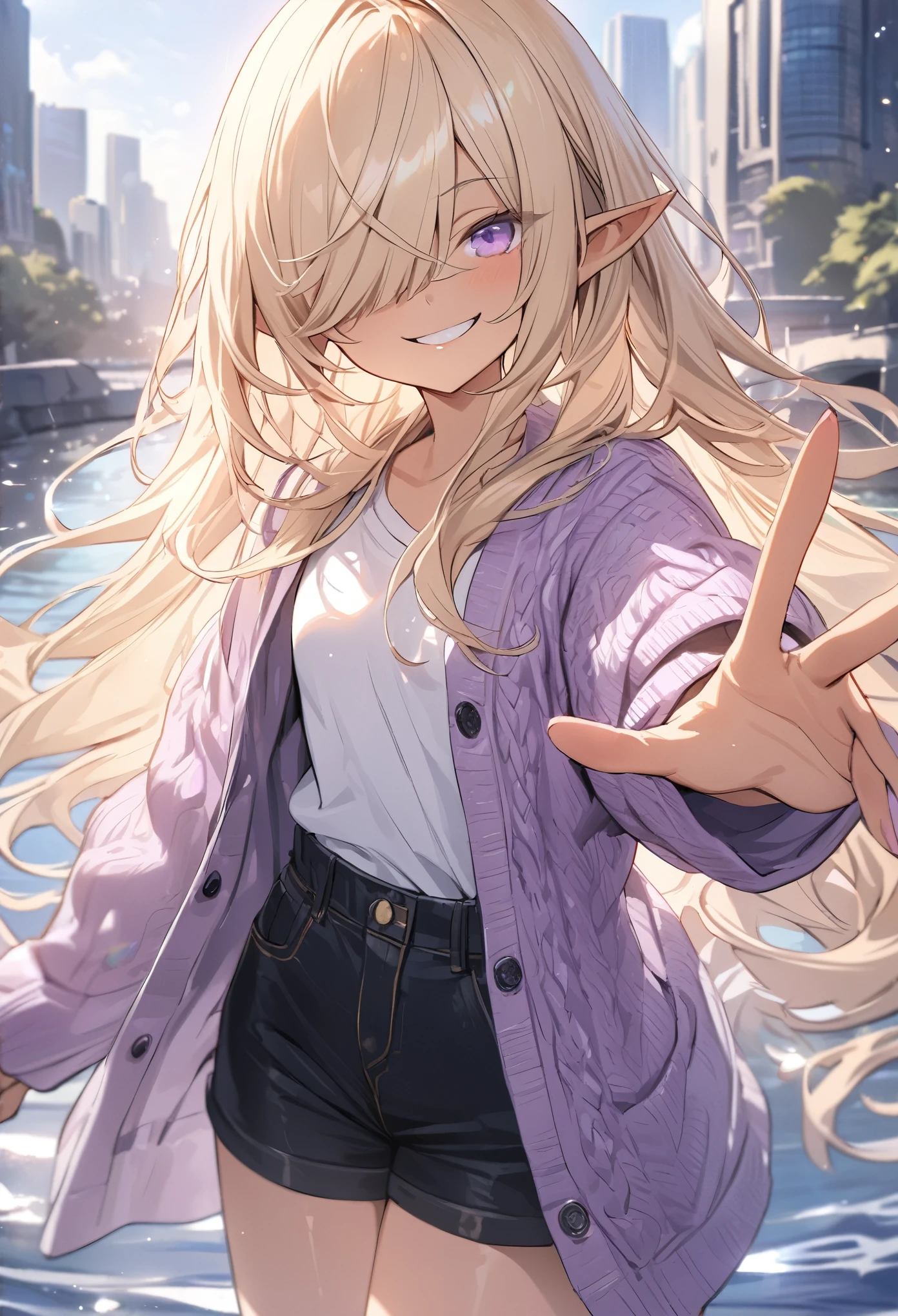 ((Masterpiece)), ((best quality)), ((kawaii)), ((extremely detailed)), 4K, (8K), (super detail:1.2), (High Definition:1.3), (Professional Photography:1.2), cinematic lighting, (sharp focus), (perfect light), ((1girl)),(()), (1girl), cute young girl, BREAK, (smirk face:1.3), (Beautiful purple eyes:1.5), (dark skin), elf girl, wear a long cardigan, small breast, slender waist, (hair over eyes:1.3), very long bangs, Shiny unruly hair, long hair, ((beautiful blond hair)), shortpants, BREAK, ((best quality)), ((extremely detailed)), 🌈, (hand Reach out to the front:1.4), (on the riverside), Beautiful cityscape Background,