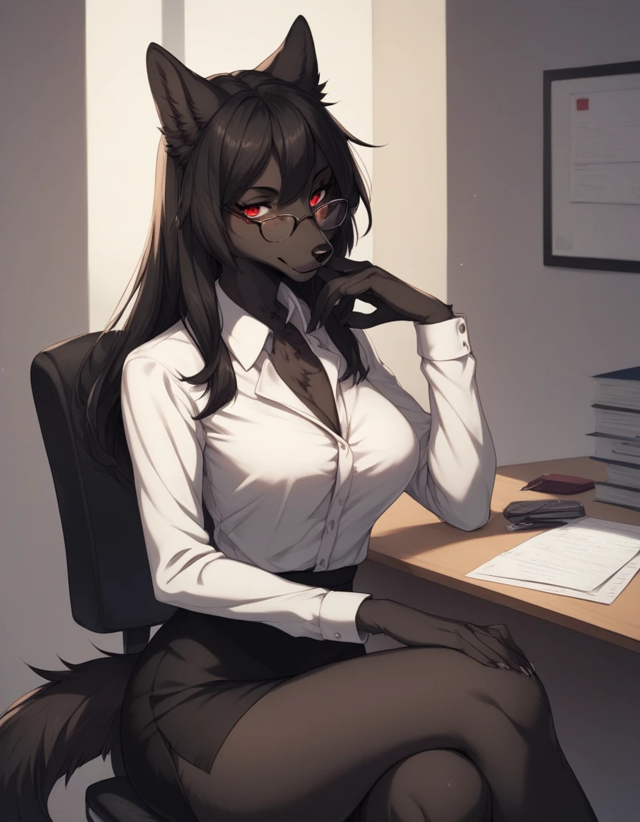 score_9,score_8_up,score_7_up, source_cartoon, kemono style, Natasha, an anthro furry wolf girl, long black hair, straight hair, red eyes, cute snout, black nose, all dark grey furry body, tall, medium breasts, wearing elegant black glasses,  white shirt, black short skirt, indoors, sitting on an office chair, indoors, her legs are crossed,  sultry expression, leaning on a desk, seductive pose, upper body shot, portrait