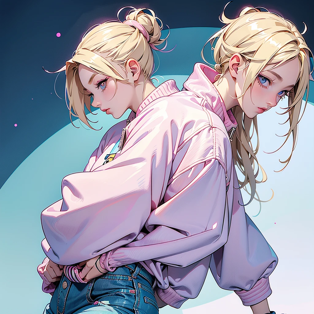 girl similar to gorillaz noodle, blonde hair tied up ((drawing)), ((anime girl nose)), stylish girl in profile view, wearing a fluffy pink jacket over tight iridescent pants and pink high-top skates. Include details like reflective qualities on the pants, imitating shiny fabric,