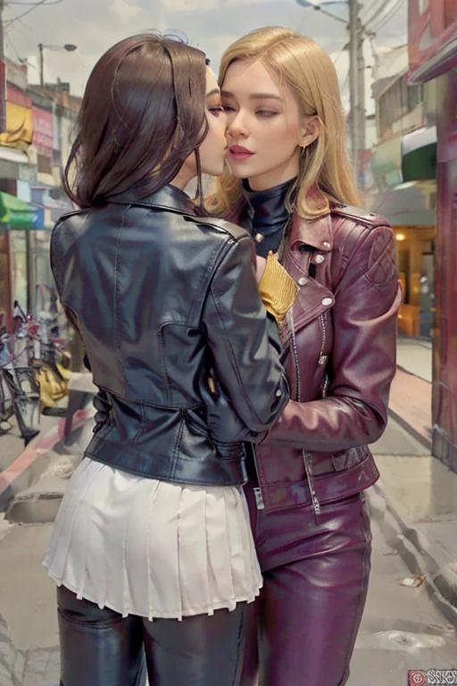 Cute 18 year old punk girl,、(top-quality、in 8K、32K、masterpiece、cowboy shot)、(Photorealsitic:1.4),Fancy makeup, shapeless punk long hair, (studded punk fashion clothing)、A pink-haired, cheeky leather short shorts、realistic,、Downtown District Background、backlight effect、depth of fields,blurry background,only lingerie break she is sucking a dick,sidefellatio,from side,she like sucking,mouth open,