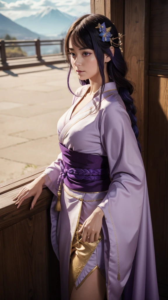 In realistic portrait of high quality and detail, Raiden Shogun (Genshin Impact), movie style, dark and mysterious atmosphere, pale skin, glow, eye shadow, 1girl, thriller fantasy, Depth & Perspective, sadness on her face, an adult girl with long dark hair braided in a braid, her hair has an ombre and its color translates to lilac by the end of the braid. Her head is decorated with a gold hairpin with blue flowers and a fan. Her light-colored kimono-like dress has a short skirt, long tails and long sleeves like furisode's. The back of the floor and the lower part of the sleeve are painted with patterns of various shades of purple and gold. Unlike her right sleeve, which develops freely, the left one is rolled up and fixed with a braided cord under a black shoulder pad. A wide wine-colored obi belt is tied at the back in a double tatei-musubi knot, resembling a large complex bow tilted to the right, and fastened with a gold fan-shaped decoration with a round purple stone having the Electro symbol. A decorative knot with tassels and a brooch is attached to the purple obi-jime cord tied over the obi. She also wears dark purple stockings up to mid-thigh with a split thumb, which makes them look like traditional Japanese tabi socks. Her shoes are wooden sandals with high heels. There is a decoration with two blue flowers on the right ankle. Mystical powers, fine face, standing in the room, outside, the japanese royal palace on the background, blue sky, white cloud, looking at viewer, (ultra-high detail:1.2), Masterpiece, Best Quality, Ultra-detailed, Cinematic lighting, 8K, delicate features, cinematic, 35 mm lens, f/1.9, highlight lighting, global lighting –uplight –v 4, cinematic, intense gaze, Cinematic lighting, 8K, high quality, Highest Quality, (Solo Focus), (extremly intricate:1.3), (Realistic), dramatic, masterful, Analog style, (Film grain:1.5), (warm hue, cold tone),