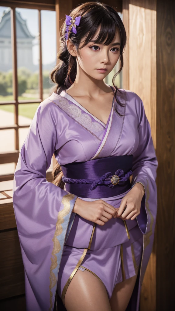 In realistic portrait of high quality and detail, Raiden Shogun (Genshin Impact), movie style, dark and mysterious atmosphere, pale skin, glow, eye shadow, 1girl, thriller fantasy, Depth & Perspective, sadness on her face, an adult girl with long dark hair braided in a braid, her hair has an ombre and its color translates to lilac by the end of the braid. Her head is decorated with a gold hairpin with blue flowers and a fan. Her light-colored kimono-like dress has a short skirt, long tails and long sleeves like furisode's. The back of the floor and the lower part of the sleeve are painted with patterns of various shades of purple and gold. Unlike her right sleeve, which develops freely, the left one is rolled up and fixed with a braided cord under a black shoulder pad. A wide wine-colored obi belt is tied at the back in a double tatei-musubi knot, resembling a large complex bow tilted to the right, and fastened with a gold fan-shaped decoration with a round purple stone having the Electro symbol. A decorative knot with tassels and a brooch is attached to the purple obi-jime cord tied over the obi. She also wears dark purple stockings up to mid-thigh with a split thumb, which makes them look like traditional Japanese tabi socks. Her shoes are wooden sandals with high heels. There is a decoration with two blue flowers on the right ankle. Mystical powers, fine face, standing in the room, outside, the japanese royal palace on the background, blue sky, white cloud, looking at viewer, (ultra-high detail:1.2), Masterpiece, Best Quality, Ultra-detailed, Cinematic lighting, 8K, delicate features, cinematic, 35 mm lens, f/1.9, highlight lighting, global lighting –uplight –v 4, cinematic, intense gaze, Cinematic lighting, 8K, high quality, Highest Quality, (Solo Focus), (extremly intricate:1.3), (Realistic), dramatic, masterful, Analog style, (Film grain:1.5), (warm hue, cold tone),