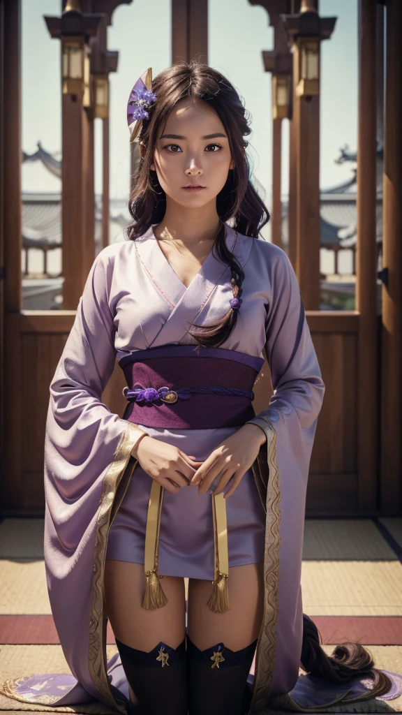 In realistic portrait of high quality and detail, Raiden Shogun (Genshin Impact), movie style, dark and mysterious atmosphere, pale skin, glow, eye shadow, 1girl, thriller fantasy, Depth & Perspective, sadness on her face, an adult girl with long dark hair braided in a braid, her hair has an ombre and its color translates to lilac by the end of the braid. Her head is decorated with a gold hairpin with blue flowers and a fan. Her light-colored kimono-like dress has a short skirt, long tails and long sleeves like furisode's. The back of the floor and the lower part of the sleeve are painted with patterns of various shades of purple and gold. Unlike her right sleeve, which develops freely, the left one is rolled up and fixed with a braided cord under a black shoulder pad. A wide wine-colored obi belt is tied at the back in a double tatei-musubi knot, resembling a large complex bow tilted to the right, and fastened with a gold fan-shaped decoration with a round purple stone having the Electro symbol. A decorative knot with tassels and a brooch is attached to the purple obi-jime cord tied over the obi. She also wears dark purple stockings up to mid-thigh with a split thumb, which makes them look like traditional Japanese tabi socks. Her shoes are wooden sandals with high heels. There is a decoration with two blue flowers on the right ankle. Mystical powers, fine face, standing in the room, outside, the japanese royal palace on the background, blue sky, white cloud, looking at viewer, (ultra-high detail:1.2), Masterpiece, Best Quality, Ultra-detailed, Cinematic lighting, 8K, delicate features, cinematic, 35 mm lens, f/1.9, highlight lighting, global lighting –uplight –v 4, cinematic, intense gaze, Cinematic lighting, 8K, high quality, Highest Quality, (Solo Focus), (extremly intricate:1.3), (Realistic), dramatic, masterful, Analog style, (Film grain:1.5), (warm hue, cold tone),