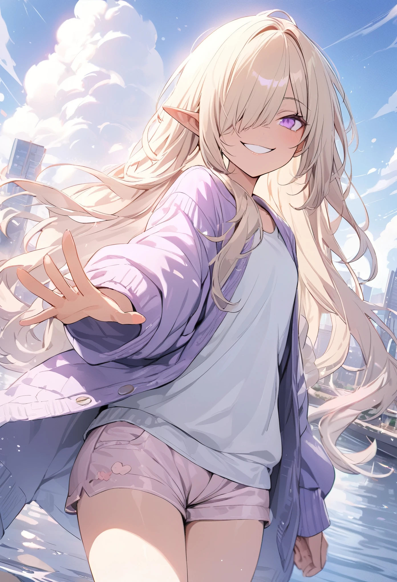 ((Masterpiece)), ((best quality)), ((kawaii)), ((extremely detailed)), 4K, (8K), (super detail:1.2), (High Definition:1.3), (Professional Photography:1.2), cinematic lighting, (sharp focus), (perfect light), ((1girl)),((12 years old)), (1girl), cute young girl, BREAK, (smirk face:1.3), (Beautiful purple eyes:1.5), (dark skin), elf girl, wear a long cardigan, small breast, slender waist, (hair over eyes:1.3), very long bangs, Shiny unruly hair, long hair, ((beautiful blond hair)), shortpants, BREAK, ((best quality)), ((extremely detailed)), 🌈, (hand Reach out to the front:1.4), (on the riverside), Beautiful cityscape Background, Large Cumulonimbus Clouds, pastel colors clouds, kawaii, cute colors,