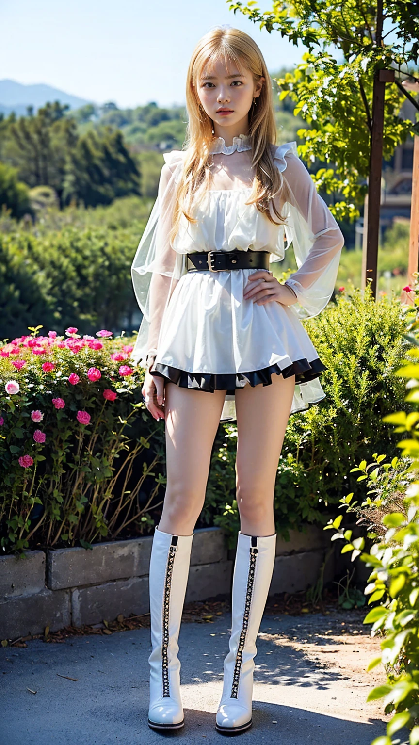 (8K、RAW Photos、Highest quality、masterpiece:1.2)、(Realistic、Realistic)、1 Girl、((Frills、Blonde、See-through、black and white mini skirt、whole body、boots、garden、View from the front、Looking into the camera、belt、Stand with hands on hips))、cute