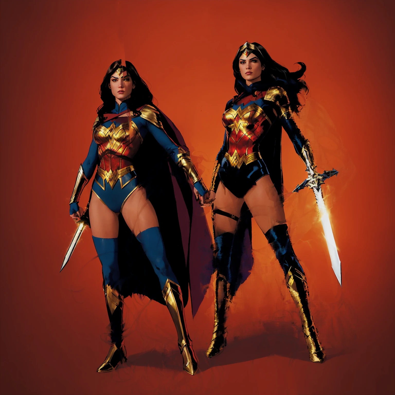 two women in costumes with swords and capes standing next to each other, dc comics art style, by Juan O'Gorman, by Juan Villafuerte, by José Comas Quesada, by David Palumbo, by Randy Gallegos, textless, by Eddie Mendoza, jen bartel, wonder woman, by Pedro Pedraja, dc comics style