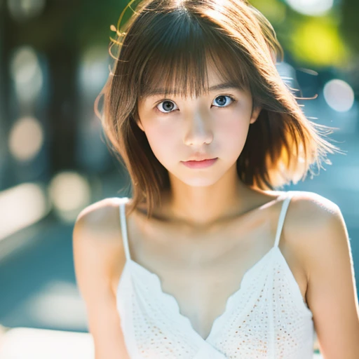lens: 135mm f1.8,(Highest quality),(Tabletop:1.1), (Beautiful 14 year old Japanese girl), (Moist lips), Narrow eyes, double eyelid,Delicate clavicle,Flat Chest,Shortcuts,
(Let me'Let's take another look), (close:1.4), shame, A faint smile,
(Spotted sunlight:1.2), Dramatic lighting,
(White camisole), (Sunburned skin:0.2),Full body photo、Full Body Focus