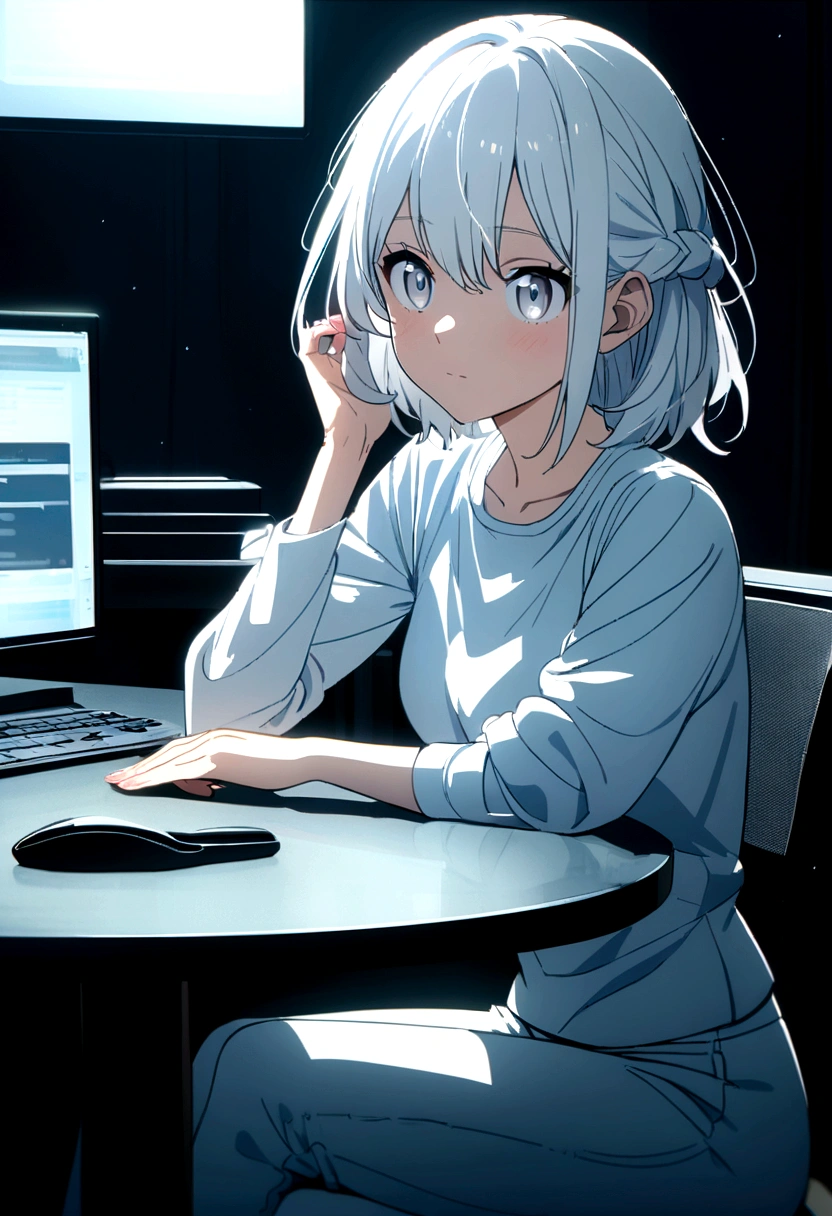 anime girl, bright, white hair, white eyes, white shirt, white jeans, sitting at a table with a computer on it, 