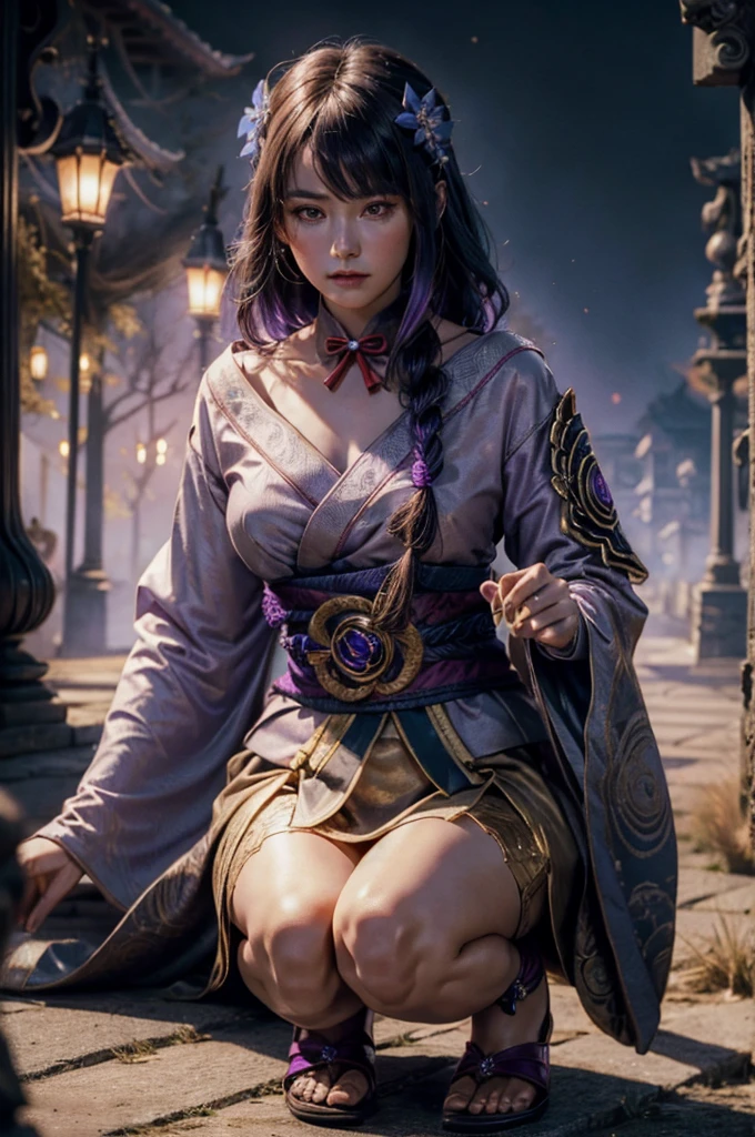 In realistic portrait of high quality and detail, Raiden Shogun (Genshin Impact), movie style, dark and mysterious atmosphere, pale skin, glow, eye shadow, 1girl, thriller fantasy, Depth & Perspective, sadness on her face, an adult girl with long dark hair braided in a braid, her hair has an ombre and its color translates to lilac by the end of the braid. Her head is decorated with a gold hairpin with blue flowers and a fan. Her light-colored kimono-like dress has a short skirt, long tails and long sleeves like furisode's. The back of the floor and the lower part of the sleeve are painted with patterns of various shades of purple and gold.  Unlike her right sleeve, which develops freely, the left one is rolled up and fixed with a braided cord under a black shoulder pad. A wide wine-colored obi belt is tied at the back in a double tatei-musubi knot, resembling a large complex bow tilted to the right, and fastened with a gold fan-shaped decoration with a round purple stone having the Electro symbol. A decorative knot with tassels and a brooch is attached to the purple obi-jime cord tied over the obi. She also wears dark purple stockings up to mid-thigh with a split thumb, which makes them look like traditional Japanese tabi socks. Her shoes are wooden sandals with high heels. There is a decoration with two blue flowers on the right ankle. Mystical powers, fine face, standing in the room, outside, the japanese royal palace on the background, blue sky, white cloud, looking at viewer, (ultra-high detail:1.2), Masterpiece, Best Quality, Ultra-detailed, Cinematic lighting, 8K, delicate features, cinematic, 35 mm lens, f/1.9, highlight lighting, global lighting –uplight –v 4, cinematic, intense gaze, Cinematic lighting, 8K, high quality, Highest Quality, (Solo Focus), (extremly intricate:1.3), (Realistic), dramatic, masterful, Analog style, (Film grain:1.5), (warm hue, cold tone), 