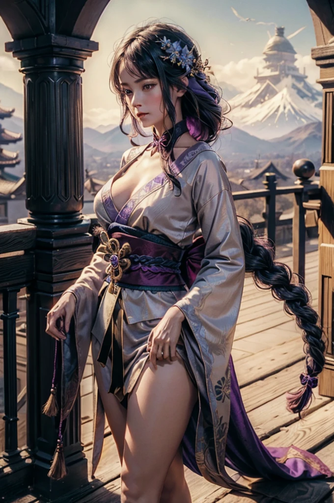 In realistic portrait of high quality and detail, Raiden Shogun (Genshin Impact), movie style, dark and mysterious atmosphere, pale skin, glow, eye shadow, 1girl, thriller fantasy, Depth & Perspective, sadness on her face, an adult girl with long dark hair braided in a braid, her hair has an ombre and its color translates to lilac by the end of the braid. Her head is decorated with a gold hairpin with blue flowers and a fan. Her light-colored kimono-like dress has a short skirt, long tails and long sleeves like furisode's. The back of the floor and the lower part of the sleeve are painted with patterns of various shades of purple and gold.  Unlike her right sleeve, which develops freely, the left one is rolled up and fixed with a braided cord under a black shoulder pad. A wide wine-colored obi belt is tied at the back in a double tatei-musubi knot, resembling a large complex bow tilted to the right, and fastened with a gold fan-shaped decoration with a round purple stone having the Electro symbol. A decorative knot with tassels and a brooch is attached to the purple obi-jime cord tied over the obi. She also wears dark purple stockings up to mid-thigh with a split thumb, which makes them look like traditional Japanese tabi socks. Her shoes are wooden sandals with high heels. There is a decoration with two blue flowers on the right ankle. Mystical powers, fine face, standing in the room, outside, the japanese royal palace on the background, blue sky, white cloud, looking at viewer, (ultra-high detail:1.2), Masterpiece, Best Quality, Ultra-detailed, Cinematic lighting, 8K, delicate features, cinematic, 35 mm lens, f/1.9, highlight lighting, global lighting –uplight –v 4, cinematic, intense gaze, Cinematic lighting, 8K, high quality, Highest Quality, (Solo Focus), (extremly intricate:1.3), (Realistic), dramatic, masterful, Analog style, (Film grain:1.5), (warm hue, cold tone), 