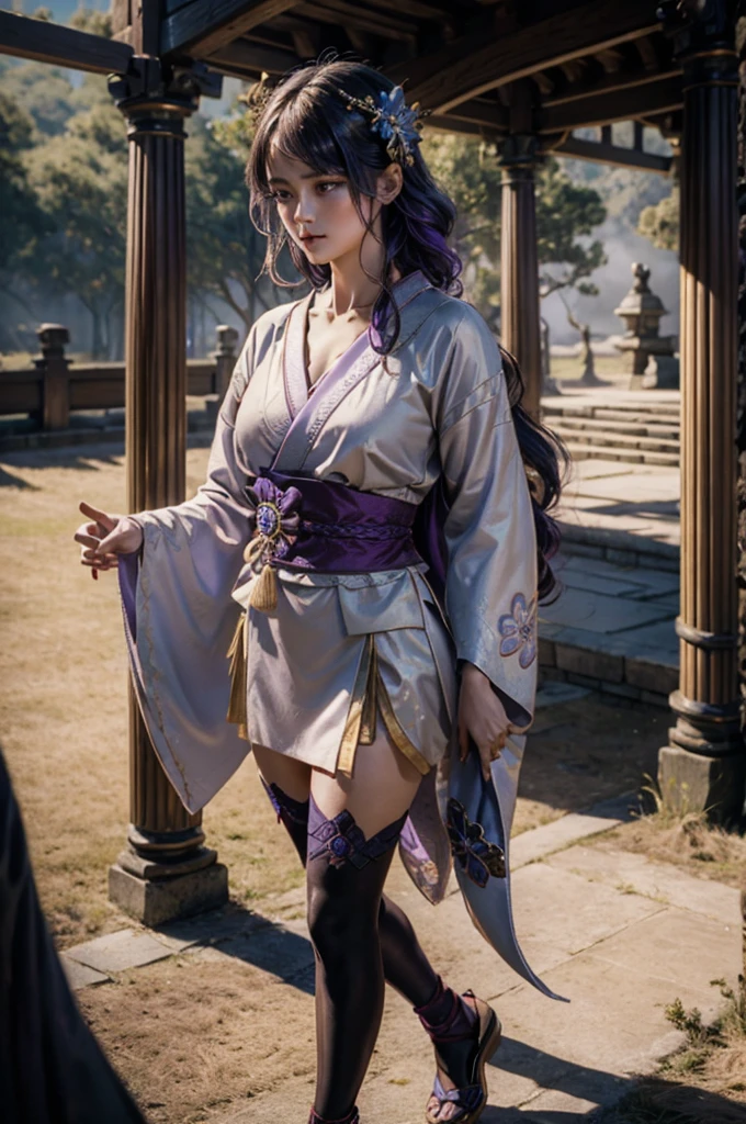 In realistic portrait of high quality and detail, Raiden Shogun (Genshin Impact), movie style, dark and mysterious atmosphere, pale skin, glow, eye shadow, 1girl, thriller fantasy, Depth & Perspective, sadness on her face, an adult girl with long dark hair braided in a braid, her hair has an ombre and its color translates to lilac by the end of the braid. Her head is decorated with a gold hairpin with blue flowers and a fan. Her light-colored kimono-like dress has a short skirt, long tails and long sleeves like furisode's. The back of the floor and the lower part of the sleeve are painted with patterns of various shades of purple and gold.  Unlike her right sleeve, which develops freely, the left one is rolled up and fixed with a braided cord under a black shoulder pad. A wide wine-colored obi belt is tied at the back in a double tatei-musubi knot, resembling a large complex bow tilted to the right, and fastened with a gold fan-shaped decoration with a round purple stone having the Electro symbol. A decorative knot with tassels and a brooch is attached to the purple obi-jime cord tied over the obi. She also wears dark purple stockings up to mid-thigh with a split thumb, which makes them look like traditional Japanese tabi socks. Her shoes are wooden sandals with high heels. There is a decoration with two blue flowers on the right ankle. Mystical powers, fine face, standing in the room, outside, the japanese royal palace on the background, blue sky, white cloud, looking at viewer, (ultra-high detail:1.2), Masterpiece, Best Quality, Ultra-detailed, Cinematic lighting, 8K, delicate features, cinematic, 35 mm lens, f/1.9, highlight lighting, global lighting –uplight –v 4, cinematic, intense gaze, Cinematic lighting, 8K, high quality, Highest Quality, (Solo Focus), (extremly intricate:1.3), (Realistic), dramatic, masterful, Analog style, (Film grain:1.5), (warm hue, cold tone), 