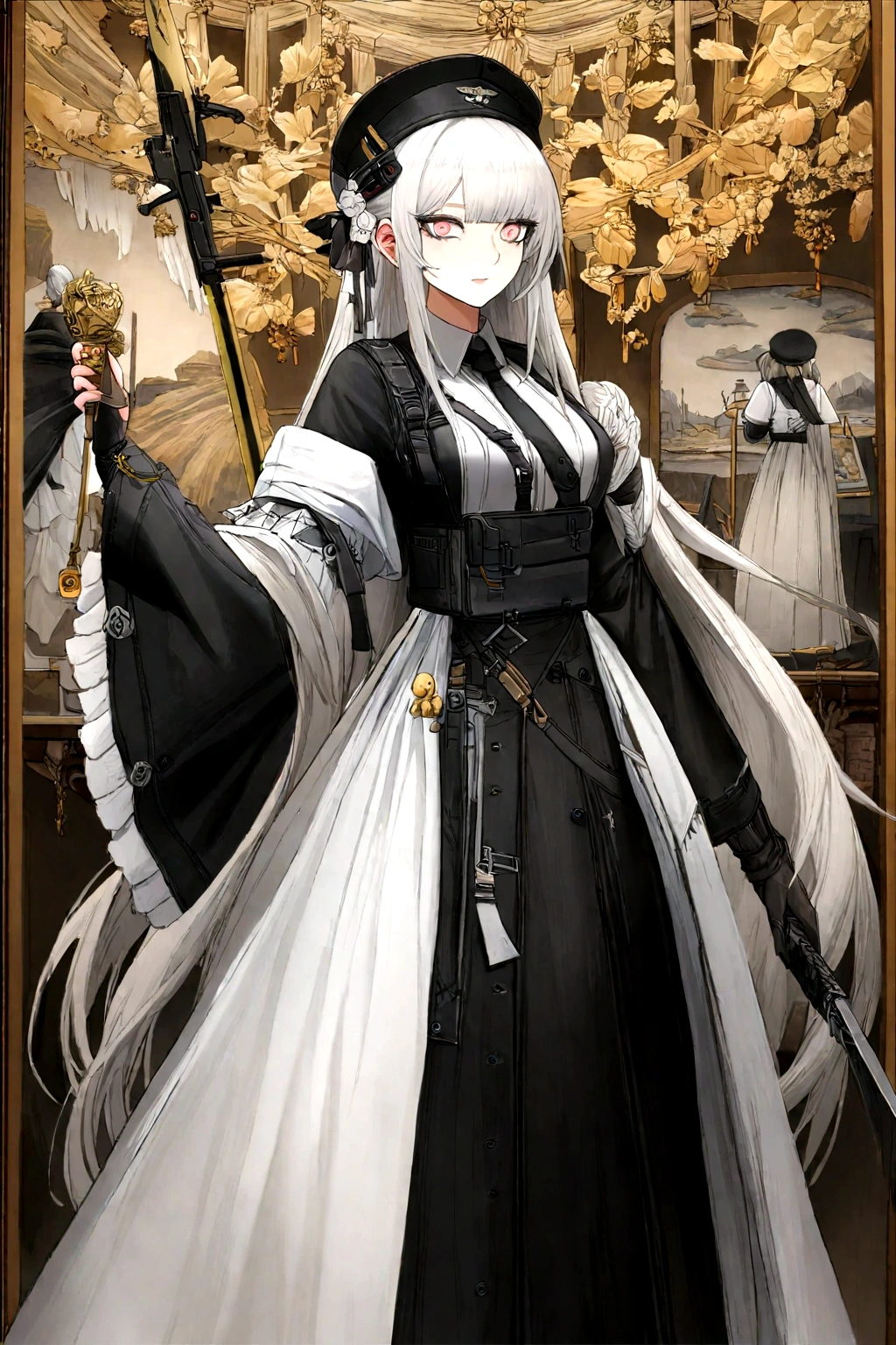 One wears、Holding a sword、Woman wearing a hat, from Girls Frontline, Fine details. Girls Frontline, From Arknights, Girls Frontline style, anime maid ss military, Azur route style, Girls Frontline cg, Kushat Krenz Key Women in Art, Gu Weiss, Krenzkushat, White-haired deity, Fleet Collection Style,Standing painting,E2 style,Standing painting的风格,one person,individual,individual立绘,Black trousers,