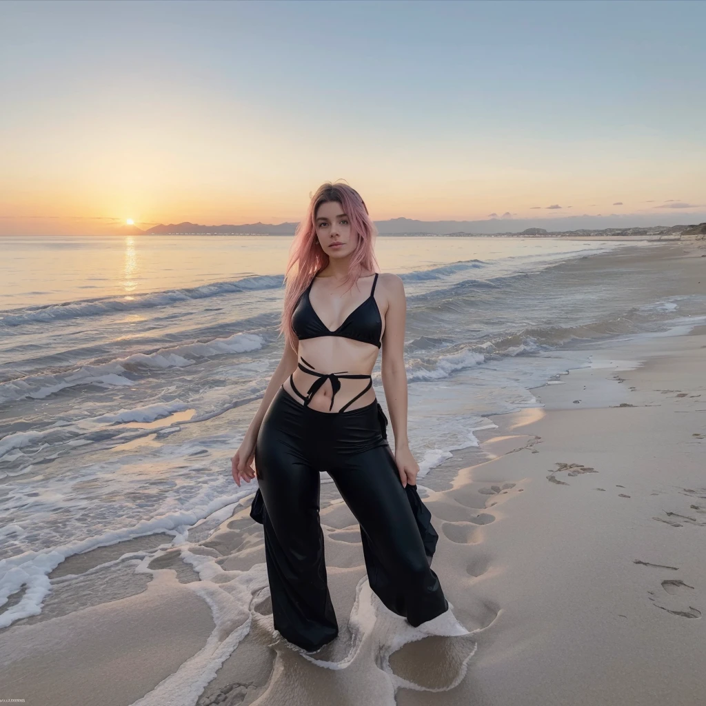 25-year-old Caucasian French girl with shoulder-length messy hair pink, Captured in the best quality, this illustration serves as a 4K wallpaper, black bikini, black leggins