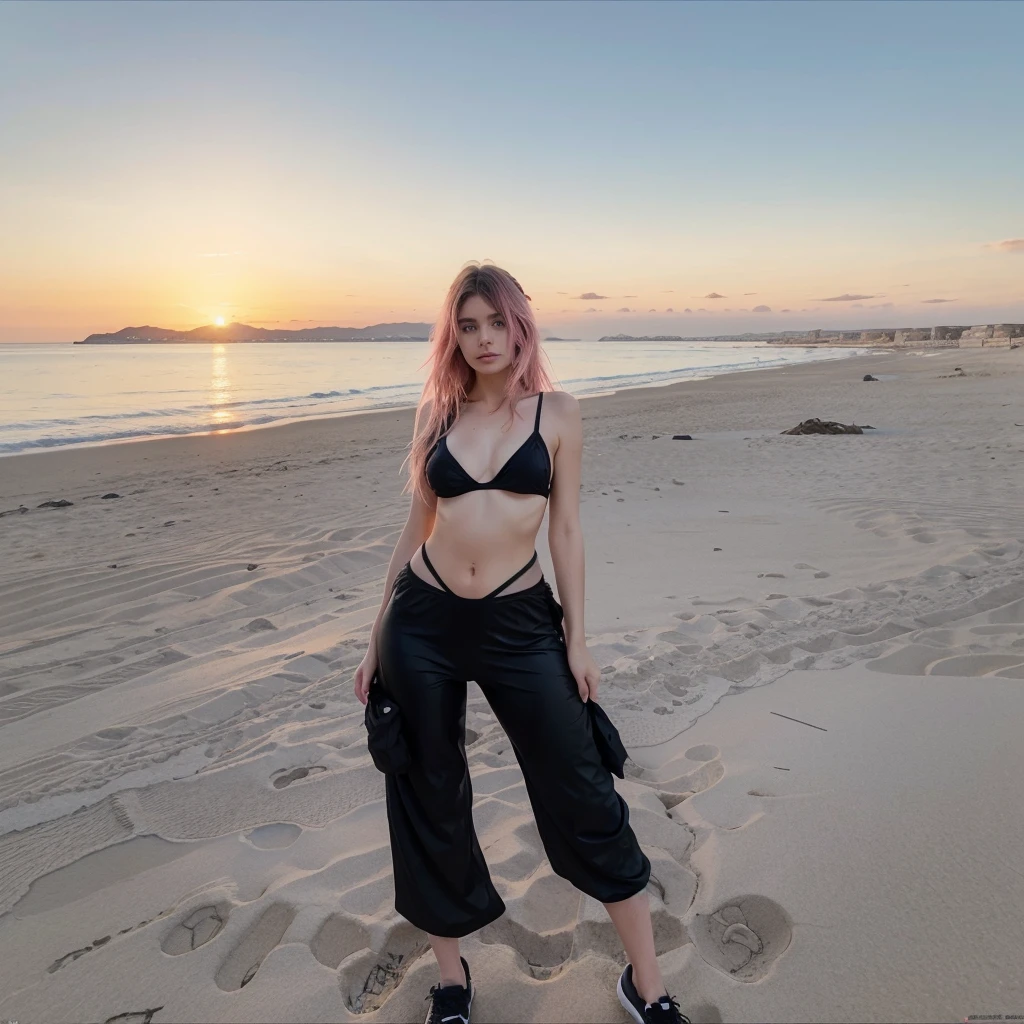 25-year-old Caucasian French girl with shoulder-length messy hair pink, Captured in the best quality, this illustration serves as a 4K wallpaper, black bikini, black leggins