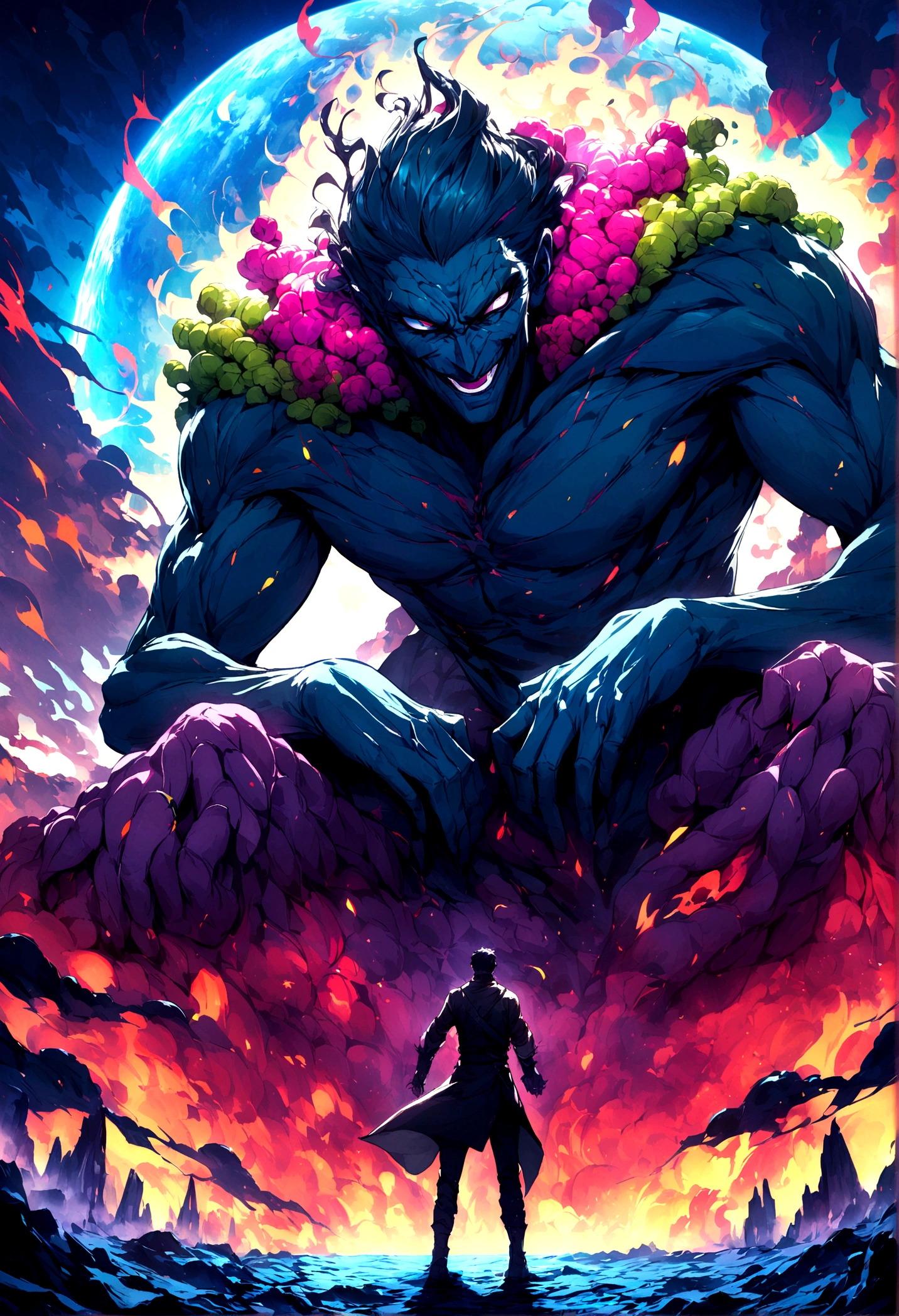 boy with an evil smile and a cunning giant who is crushing a planet with his hands