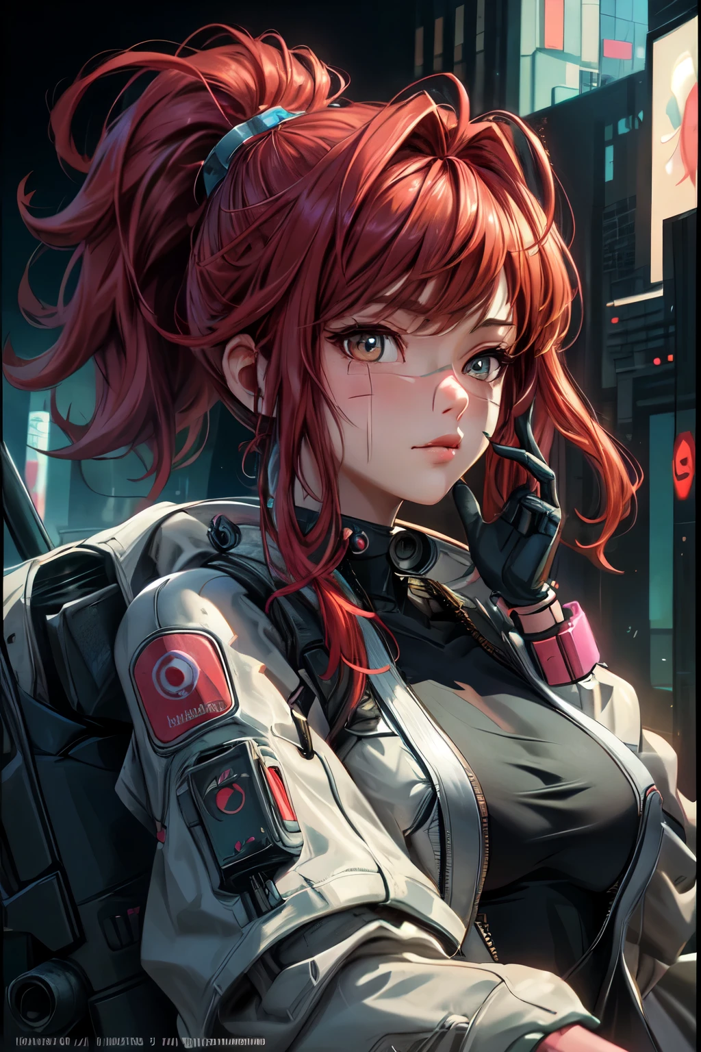 ((best quality)), ((Masterpiece)), (details:1.4), 3d, Image of a beautiful cyberpunk woman., HDR (high dynamic range), mature woman, high ponytail, red hair, future police, PBR surface, After processing, Anisotropic filtration,depth of field, Maximum clarity and clarity, multi-layered surface, perfect proportions, 8K raw files, future world, at night, Scars on the face, futuristic city background,