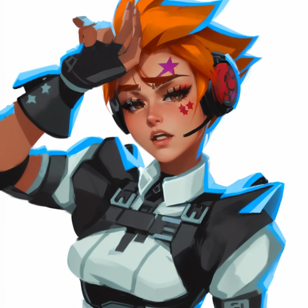 cartoon image of a woman with a red star on her head, heavy gesture style closeup, hero 2 d fanart artsation, unknown artstyle, angry female cyborg, junker queen from overwatch, in style of apex legends, trigger anime artstyle, valkyrie style character, as an overwatch character, cyborg merchant girl, portrait of rung, portrait of jinx from arcane