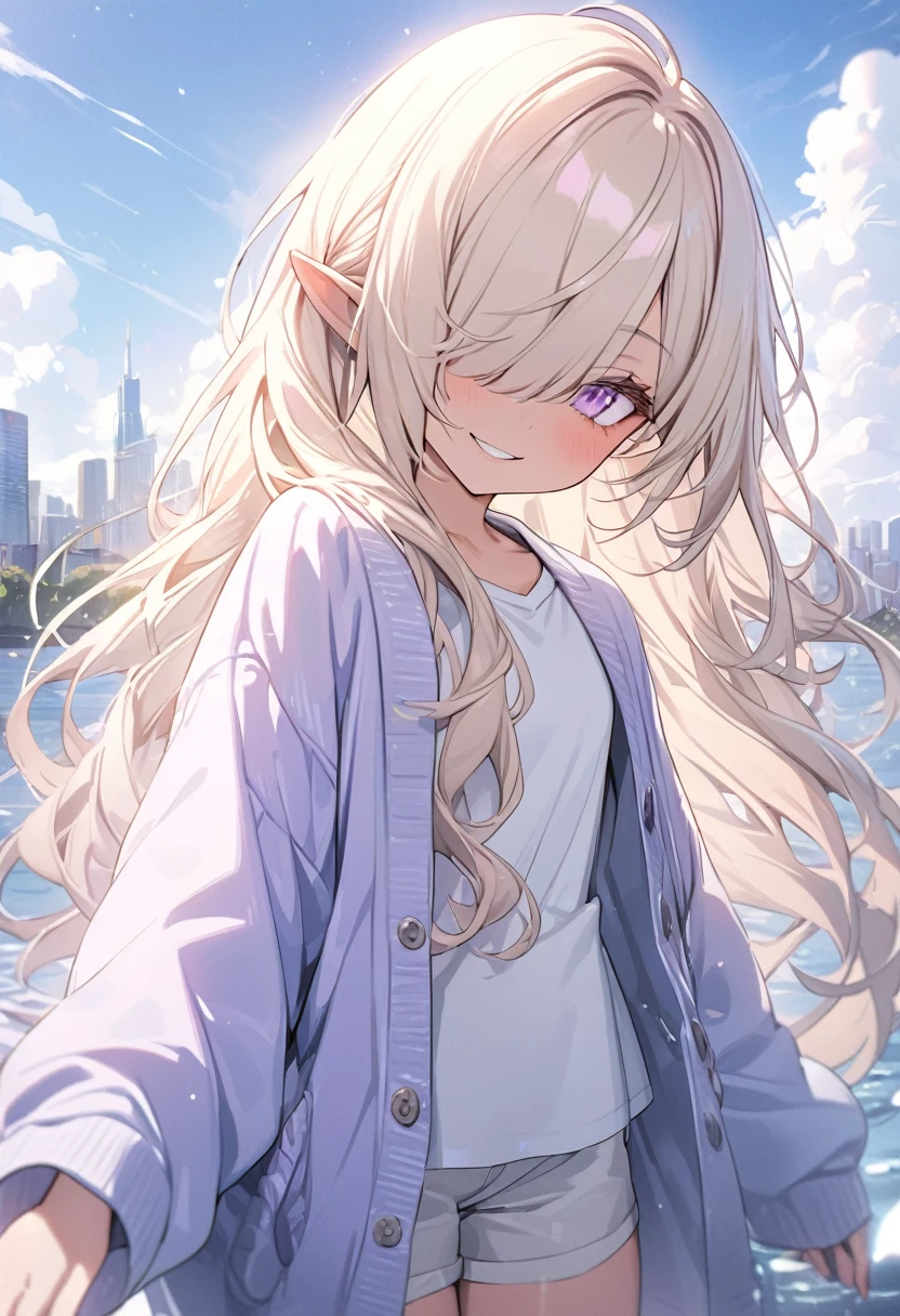 ((Masterpiece)), ((best quality)), ((kawaii)), ((extremely detailed)), 4K, (8K), (super detail:1.2), (High Definition:1.3), (Professional Photography:1.2), cinematic lighting, (sharp focus), (perfect light), ((1girl)),(()), (1girl), cute young girl, (smirk), (Beautiful purple eyes:1.2), (dark skin), elf girl, wear a long cardigan, small breast, slender waist, (hair over eyes:1.3), very long bangs, Shiny unruly hair, long hair, ((beautiful blond hair)), shortpants, BREAK, ((best quality)), ((extremely detailed)), 🌈, (hand Reach out to the front), (on the riverside), Beautiful cityscape Background, Large Cumulonimbus Clouds, pastel colors clouds, kawaii, cute colors,