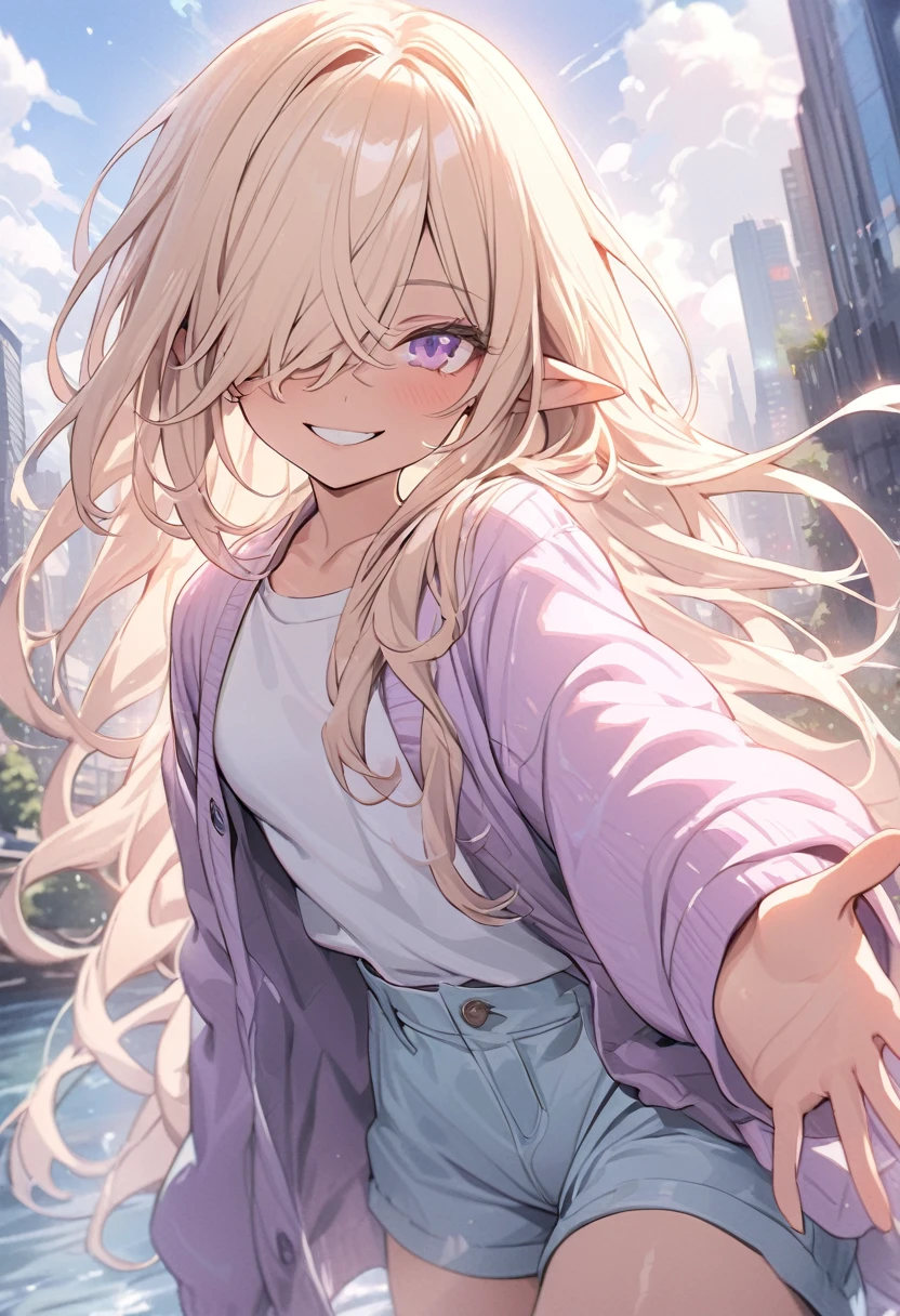 ((Masterpiece)), ((best quality)), ((kawaii)), ((extremely detailed)), 4K, (8K), (super detail:1.2), (High Definition:1.3), (Professional Photography:1.2), cinematic lighting, (sharp focus), (perfect light), ((1girl)),((12 years old)), (1girl), cute young girl, (smirk), (Beautiful purple eyes:1.2), (dark skin), elf girl, wear a long cardigan, small breast, slender waist, (hair over eyes:1.3), very long bangs, Shiny unruly hair, long hair, ((beautiful blond hair)), shortpants, BREAK, ((best quality)), ((extremely detailed)), 🌈, (hand Reach out to the front), (on the riverside), Beautiful cityscape Background, Large Cumulonimbus Clouds, pastel colors clouds, kawaii, cute colors,