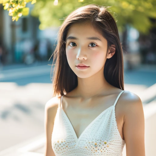 lens: 135mm f1.8,(Highest quality),(Tabletop:1.1), (Beautiful Japanese girl), (Moist lips), Narrow eyes, double eyelid,Delicate clavicle,Flat Chest,Shortcuts,
(Let me'Let's take another look), shame, A faint smile,
(Spotted sunlight:1.2), Dramatic lighting,
(White camisole), (Sunburned skin:0.2),Full body photo、Full Body Focus