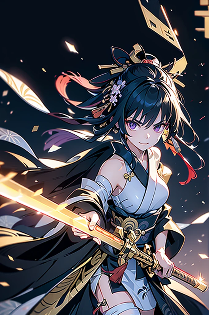 ((roll up bandage sideways on a chest tightly to cover the chest without gaps)), flat chest,Japanese Gangster BOSS, adult woman with the dignified presence, Killing Qi, don't wear around shoulder, don't wear around neck,wear the kimono from the waist down, ((kimono come off)) ,wear the kimono multiple times, Bare shoulders and the clavicle, black and gold kimono, put on over jacket of kimono, holding a japanese sword which shine in purple, The pattern of the sword is black, and the blade is silver, long sword, eye fire, low angle, whole body, bandage is seen, anime character, Glaring, off sholder, nappropriate smile, Excellent, black blue hair, can see both shoulder, long hem