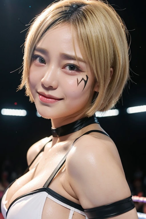 A blonde short-haired busty female wrestler is in the ring、smile、Sunburn、Wrestling Costumes、Black choker、Sweaty hair、Body wet with sweat、face painting、wwe、Diva、Asuka、Iyo Sky、Kairi Sane