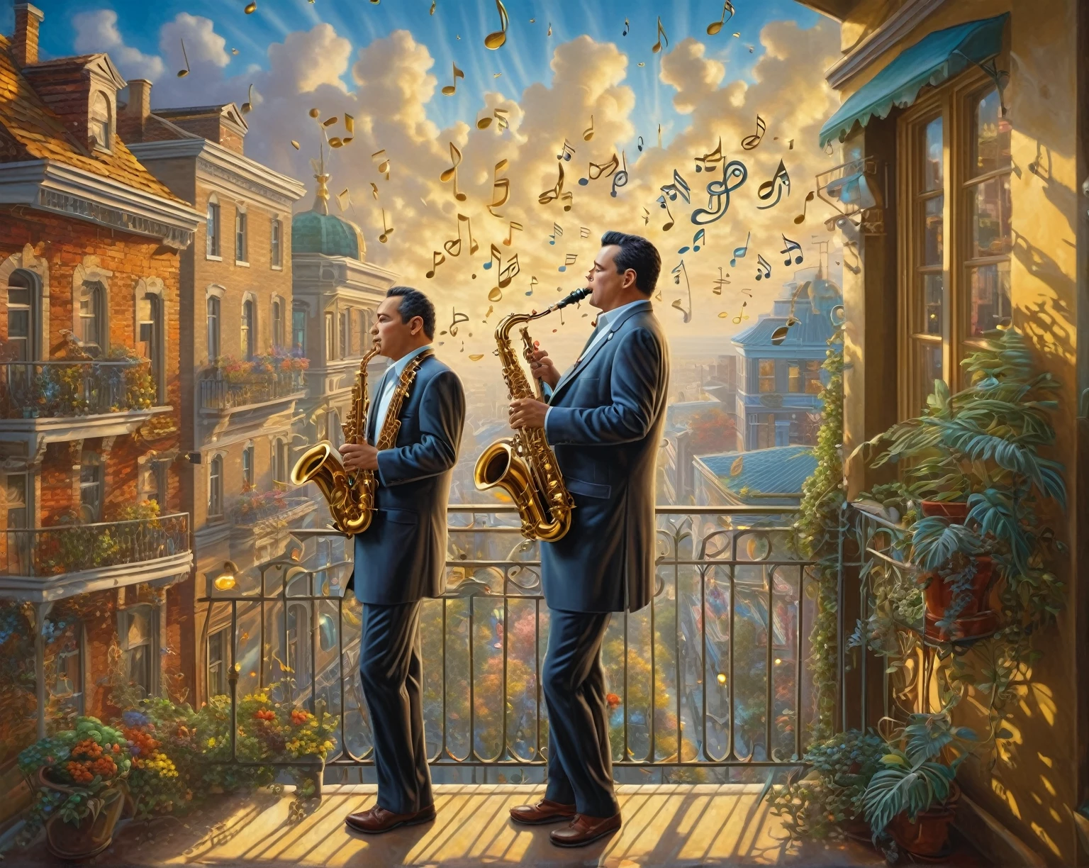 a painting of a man playing saxophone on a balcony with music notes, thomas kinkade and tristan eaton, thomas kinkade cfg _ scale 9, michael cheval (unreal engine, thomas kinkade cfg _ scale 8, awesome greate composition, jacek yerka and vladimir kush, inspired by Vladimir Kush, thomas kinkade and paul lehr, by Vladimir Kush