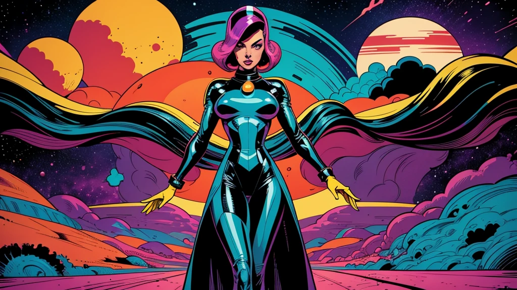 Create a dazzling alien world in the style of 1950s-70s comic book art. Use bold outlines, halftone patterns, and exaggerated perspective. Employ intense, saturated colors reminiscent of vintage four-color printing. Choose ONE of these elements:
-Bizarre, tentacled monsters with multiple eyes and otherworldly appendages - SUPER HOT SPACEGIRL
-A desolate, crater-filled landscape with twin moons in the sky
-Retro space girls in sleek silver suits and bubble helmets
Maintain a psychedelic, otherworldly atmosphere with swirling, colorful skies and strange celestial bodies. Emphasize the contrast between light and shadow to create a dramatic, pulp sci-fi feel.