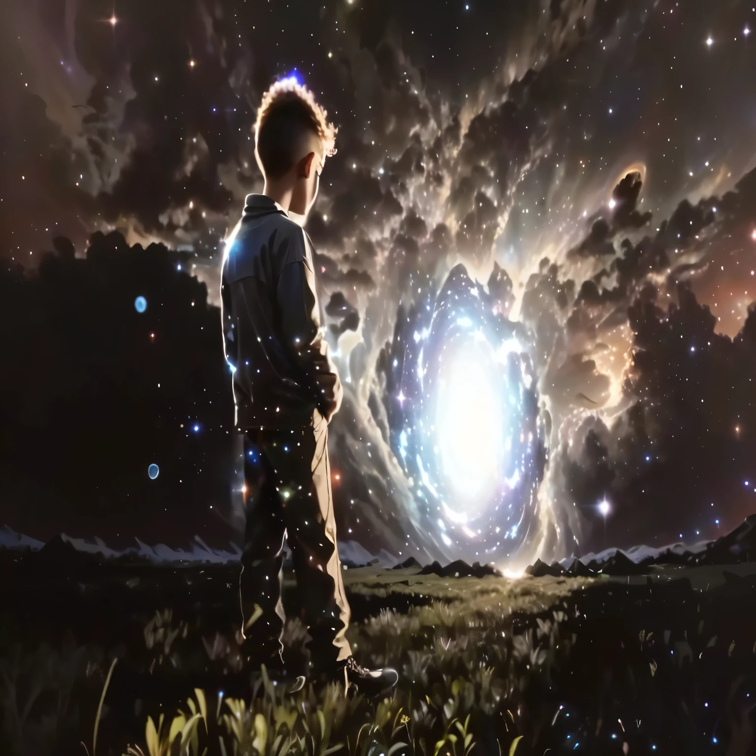 painting of a boy standing on the grass with a bright light in the background, looking out into the cosmos, in a cosmic field, strange portrait with galaxy, in the field of internal hyperspace, Holographic projection, Nascimento do Universo, video still, in the universe, consciousness projection, on a galaxy-looking background, standing in outer space, holding a galaxy