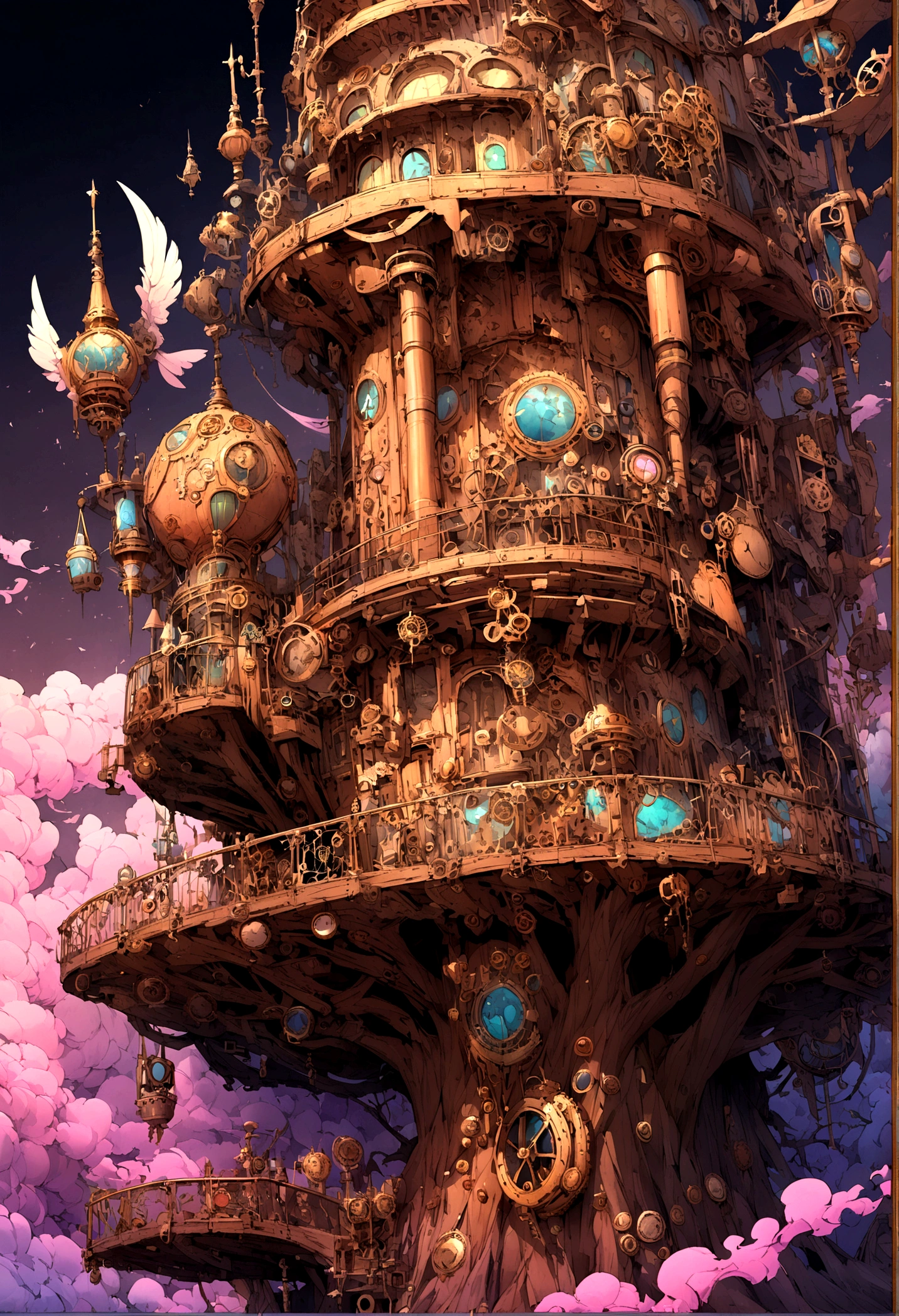 Dreamlike Art Tree Live, Colored smoke, Insane Details, steampunk detail, Intricate details, Very detailed,