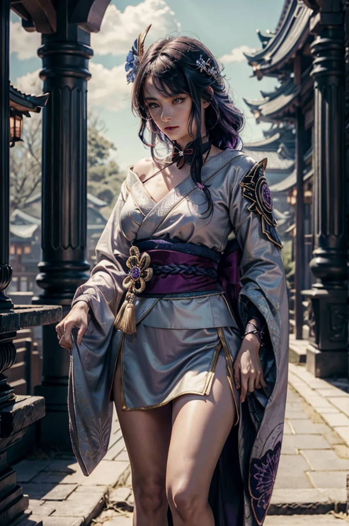 In realistic portrait of high quality and detail, Raiden Shogun (Genshin Impact), movie style, dark and mysterious atmosphere, pale skin, glow, eye shadow, 1girl, thriller fantasy, Depth & Perspective, sadness on her face, an adult girl with long dark hair braided in a braid, her hair has an ombre and its color translates to lilac by the end of the braid. Her head is decorated with a gold hairpin with blue flowers and a fan. Her light-colored kimono-like dress has a short skirt, long tails and long sleeves like furisode's. The back of the floor and the lower part of the sleeve are painted with patterns of various shades of purple and gold.  Unlike her right sleeve, which develops freely, the left one is rolled up and fixed with a braided cord under a black shoulder pad. A wide wine-colored obi belt is tied at the back in a double tatei-musubi knot, resembling a large complex bow tilted to the right, and fastened with a gold fan-shaped decoration with a round purple stone having the Electro symbol. A decorative knot with tassels and a brooch is attached to the purple obi-jime cord tied over the obi. She also wears dark purple stockings up to mid-thigh with a split thumb, which makes them look like traditional Japanese tabi socks. Her shoes are wooden sandals with high heels. There is a decoration with two blue flowers on the right ankle. Mystical powers, fine face, standing in the room, outside, the japanese royal palace on the background, blue sky, white cloud, looking at viewer, (ultra-high detail:1.2), Masterpiece, Best Quality, Ultra-detailed, Cinematic lighting, 8K, delicate features, cinematic, 35 mm lens, f/1.9, highlight lighting, global lighting –uplight –v 4, cinematic, intense gaze, Cinematic lighting, 8K, high quality, Highest Quality, (Solo Focus), (extremly intricate:1.3), (Realistic), dramatic, masterful, Analog style, (Film grain:1.5), (warm hue, cold tone), 