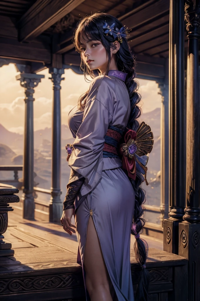 In realistic portrait of high quality and detail, Raiden Shogun (Genshin Impact), movie style, dark and mysterious atmosphere, pale skin, glow, eye shadow, 1girl, thriller fantasy, Depth & Perspective, sadness on her face, an adult girl with long dark hair braided in a braid, her hair has an ombre and its color translates to lilac by the end of the braid. Her head is decorated with a gold hairpin with blue flowers and a fan. Her light-colored kimono-like dress has a short skirt, long tails and long sleeves like furisode's. The back of the floor and the lower part of the sleeve are painted with patterns of various shades of purple and gold.  Unlike her right sleeve, which develops freely, the left one is rolled up and fixed with a braided cord under a black shoulder pad. A wide wine-colored obi belt is tied at the back in a double tatei-musubi knot, resembling a large complex bow tilted to the right, and fastened with a gold fan-shaped decoration with a round purple stone having the Electro symbol. A decorative knot with tassels and a brooch is attached to the purple obi-jime cord tied over the obi. She also wears dark purple stockings up to mid-thigh with a split thumb, which makes them look like traditional Japanese tabi socks. Her shoes are wooden sandals with high heels. There is a decoration with two blue flowers on the right ankle. Mystical powers, fine face, standing in the room, outside, the japanese royal palace on the background, blue sky, white cloud, looking at viewer, (ultra-high detail:1.2), Masterpiece, Best Quality, Ultra-detailed, Cinematic lighting, 8K, delicate features, cinematic, 35 mm lens, f/1.9, highlight lighting, global lighting –uplight –v 4, cinematic, intense gaze, Cinematic lighting, 8K, high quality, Highest Quality, (Solo Focus), (extremly intricate:1.3), (Realistic), dramatic, masterful, Analog style, (Film grain:1.5), (warm hue, cold tone), 